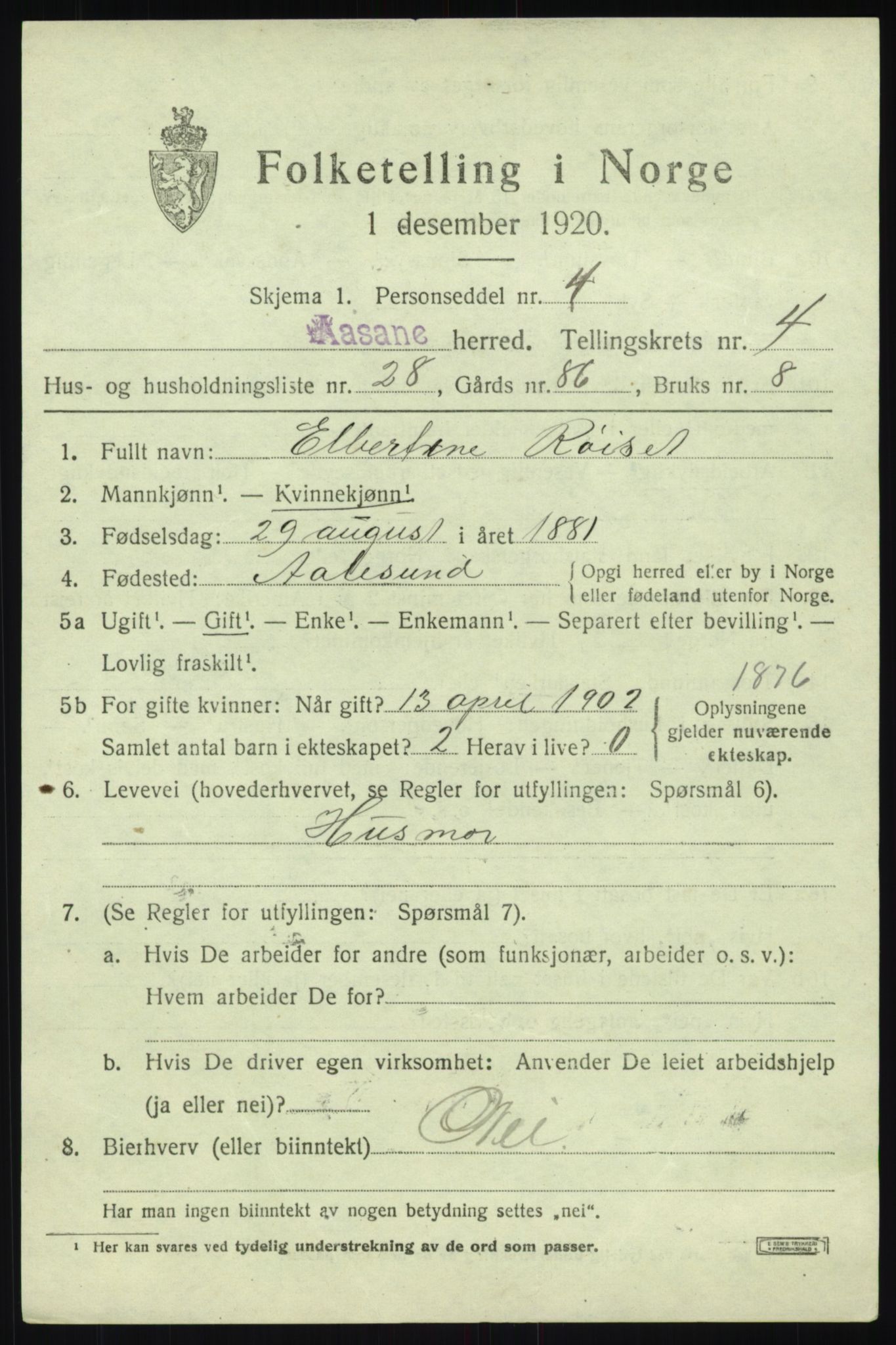 SAB, 1920 census for Åsane, 1920, p. 2839