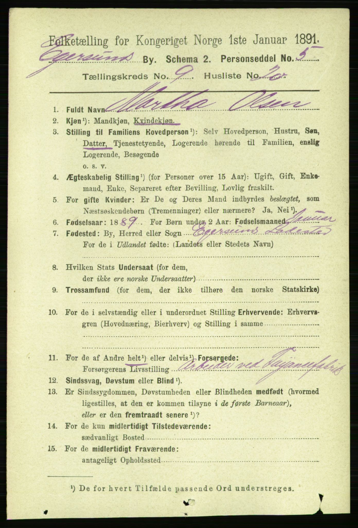 RA, 1891 census for 1101 Egersund, 1891, p. 1722