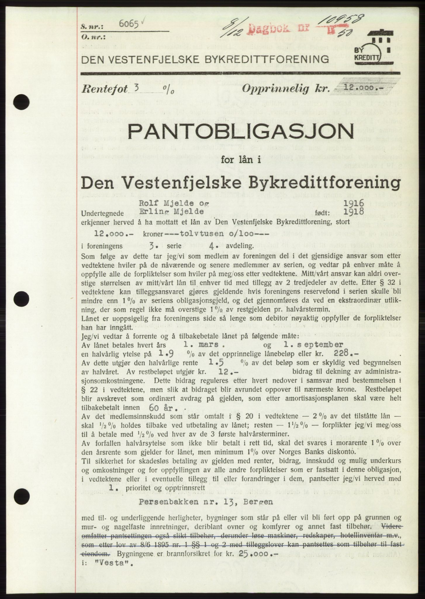 Byfogd og Byskriver i Bergen, AV/SAB-A-3401/03/03Bd/L0004: Mortgage book no. B40-41, 1950-1950, Diary no: : 11454/1950