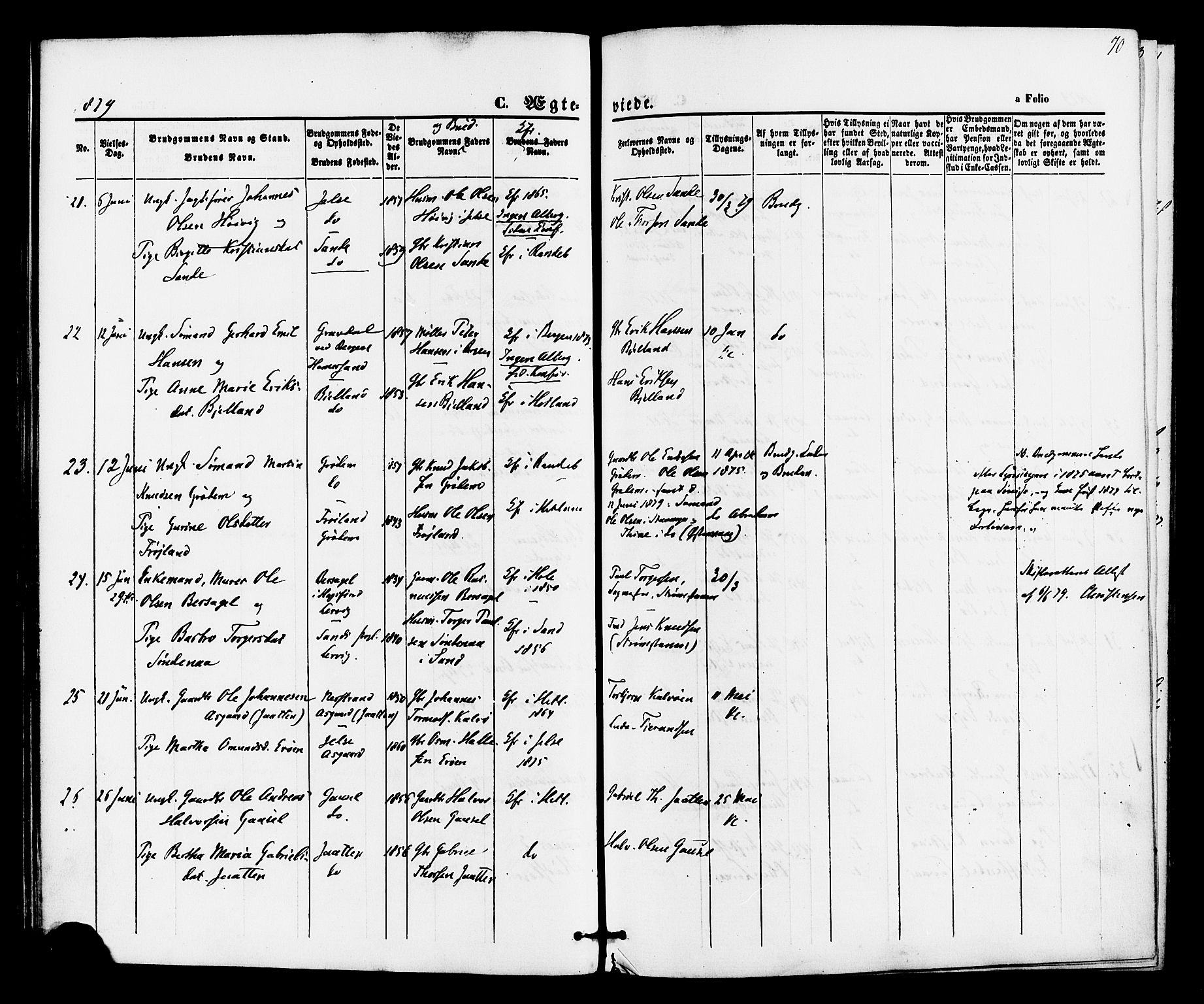 Hetland sokneprestkontor, AV/SAST-A-101826/30/30BA/L0005: Parish register (official) no. A 5, 1869-1884, p. 70