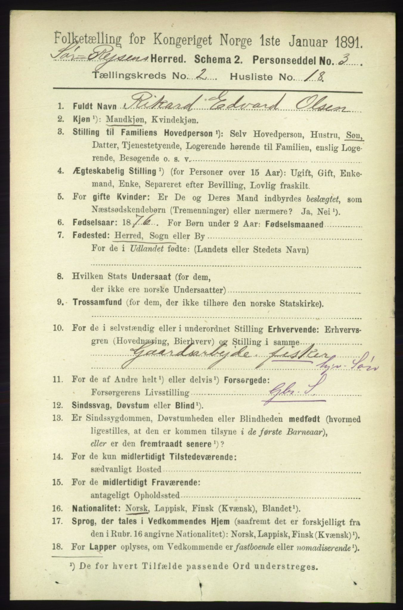 RA, 1891 census for 1925 Sørreisa, 1891, p. 468