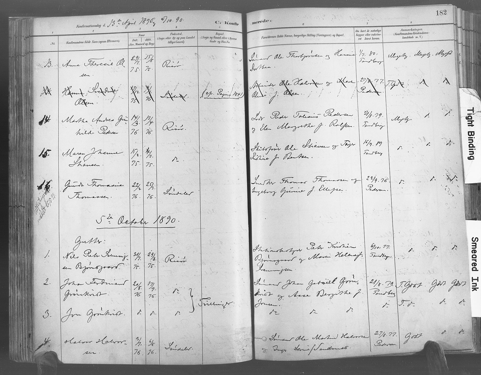 Risør sokneprestkontor, AV/SAK-1111-0035/F/Fa/L0005: Parish register (official) no. A 5, 1883-1895, p. 182