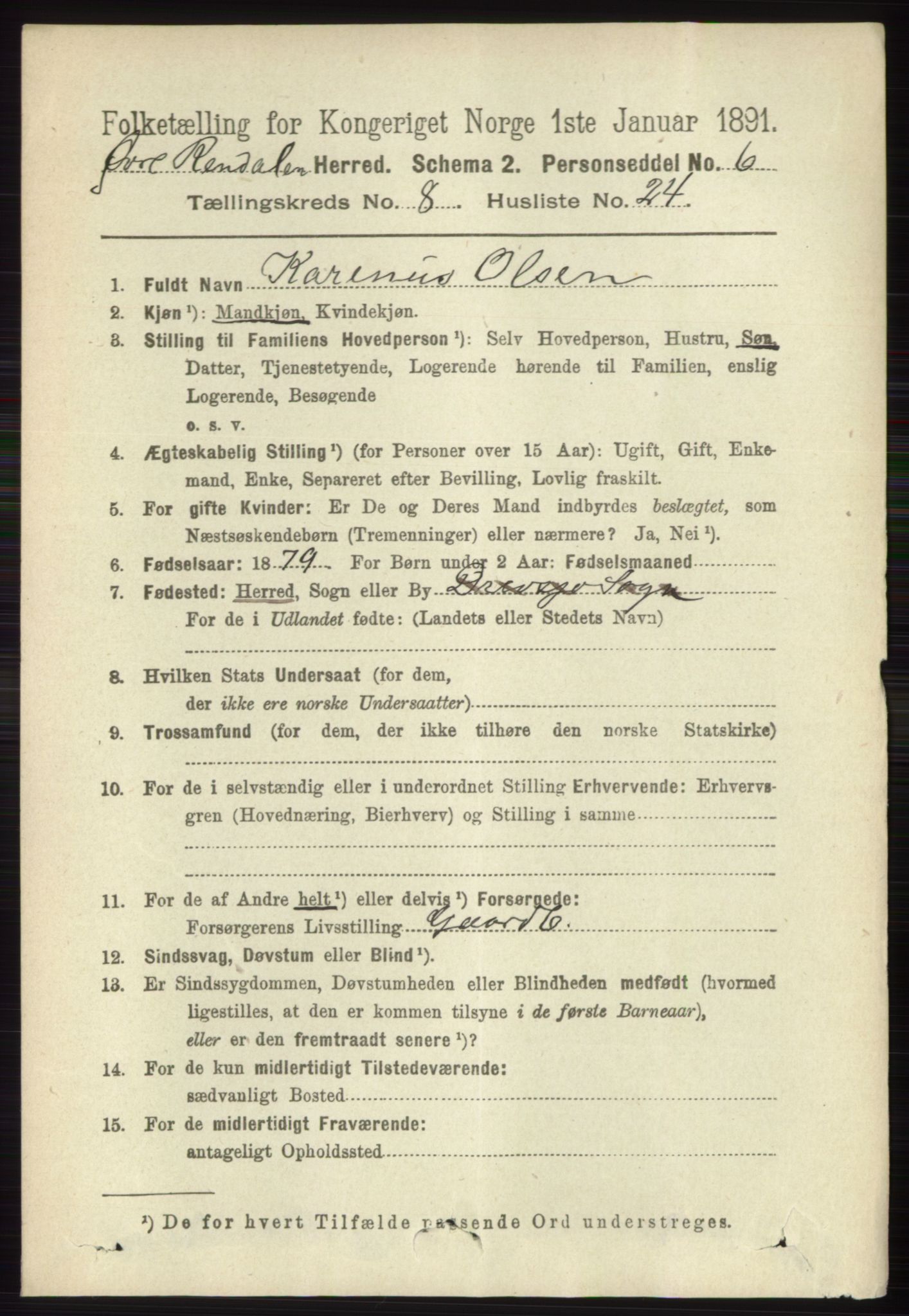 RA, 1891 census for 0433 Øvre Rendal, 1891, p. 2172