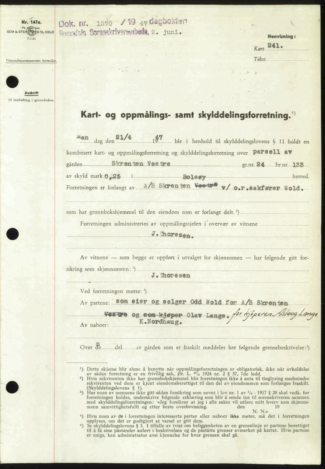 Romsdal sorenskriveri, AV/SAT-A-4149/1/2/2C: Mortgage book no. A23, 1947-1947, Diary no: : 1370/1947