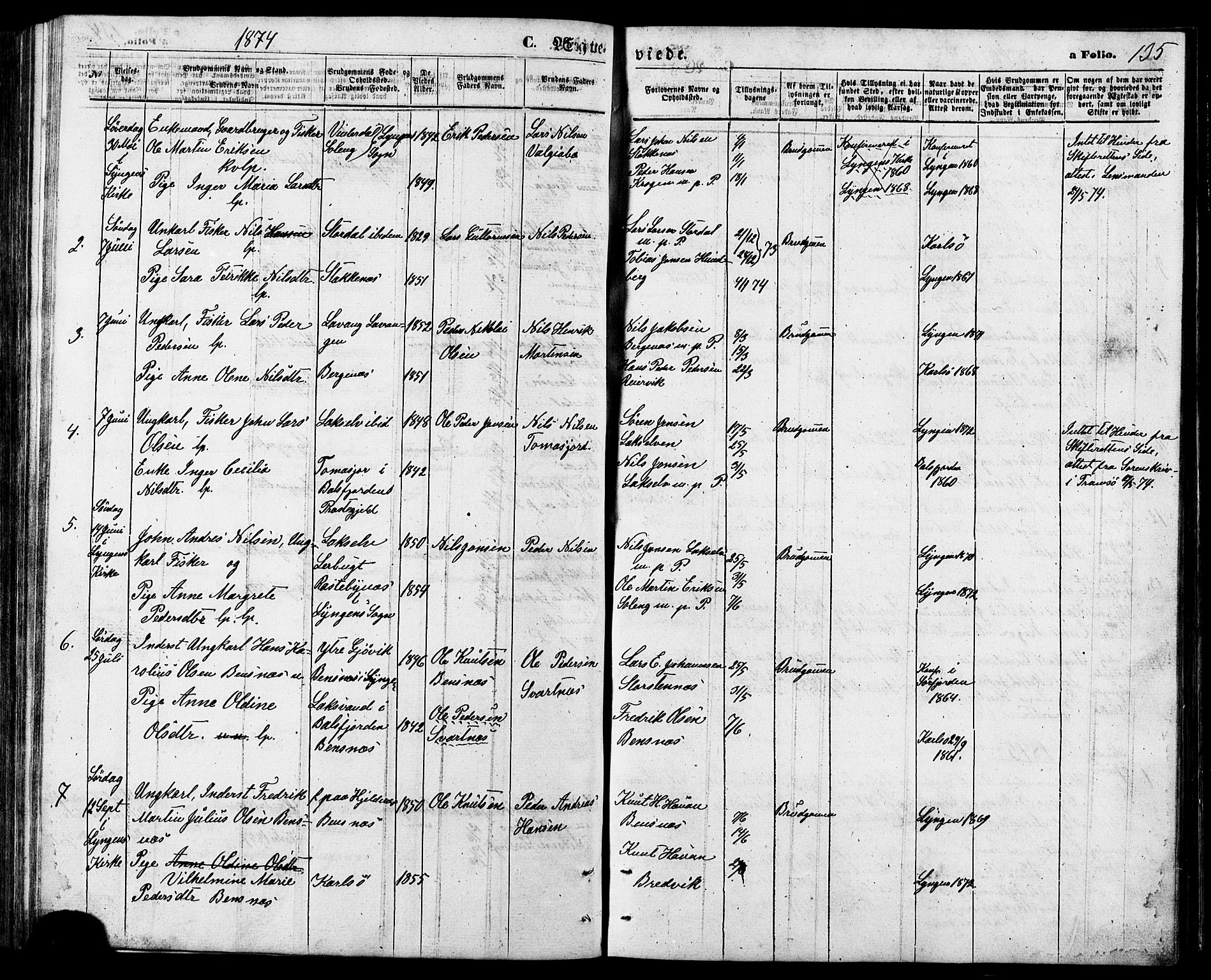 Lyngen sokneprestembete, AV/SATØ-S-1289/H/He/Heb/L0006klokker: Parish register (copy) no. 6, 1864-1881, p. 135