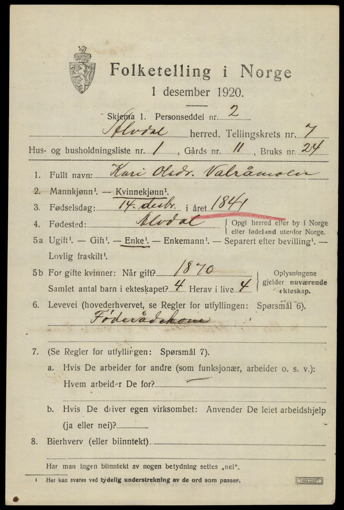 SAH, 1920 census for Alvdal, 1920, p. 3976