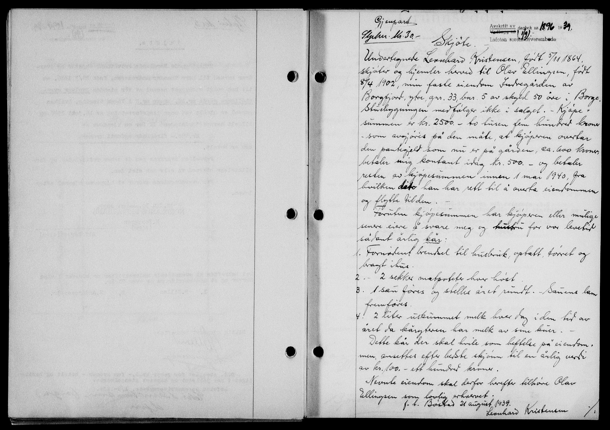 Lofoten sorenskriveri, SAT/A-0017/1/2/2C/L0006a: Mortgage book no. 6a, 1939-1939, Diary no: : 1896/1939