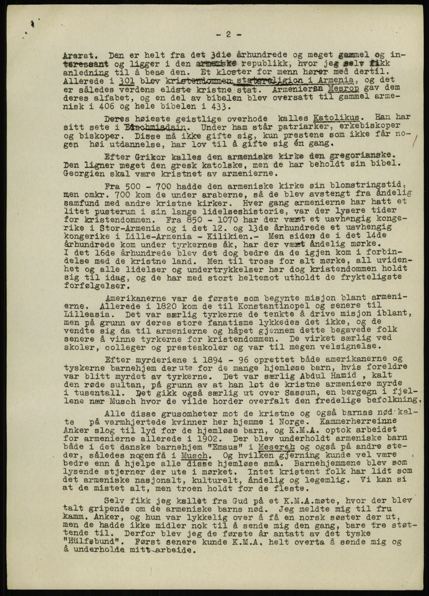 Kvinnelige Misjonsarbeidere, AV/RA-PA-0699/F/Fj/L0032/0005: Diverse / "Armenia og armenierne". Artikkel av Bodil Biørn okt. 1944., 1944, p. 2