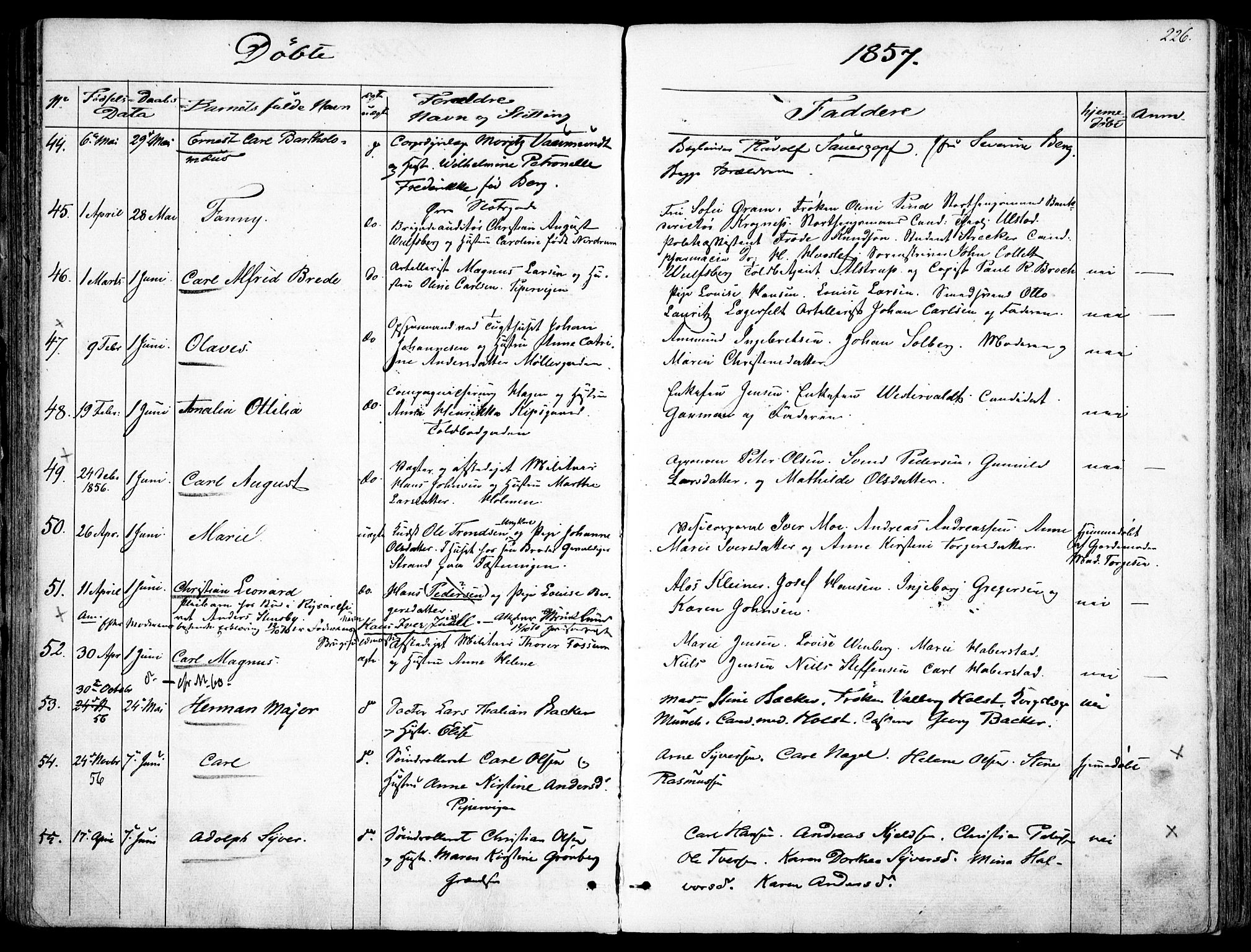 Garnisonsmenigheten Kirkebøker, SAO/A-10846/F/Fa/L0008: Parish register (official) no. 8, 1842-1859, p. 226
