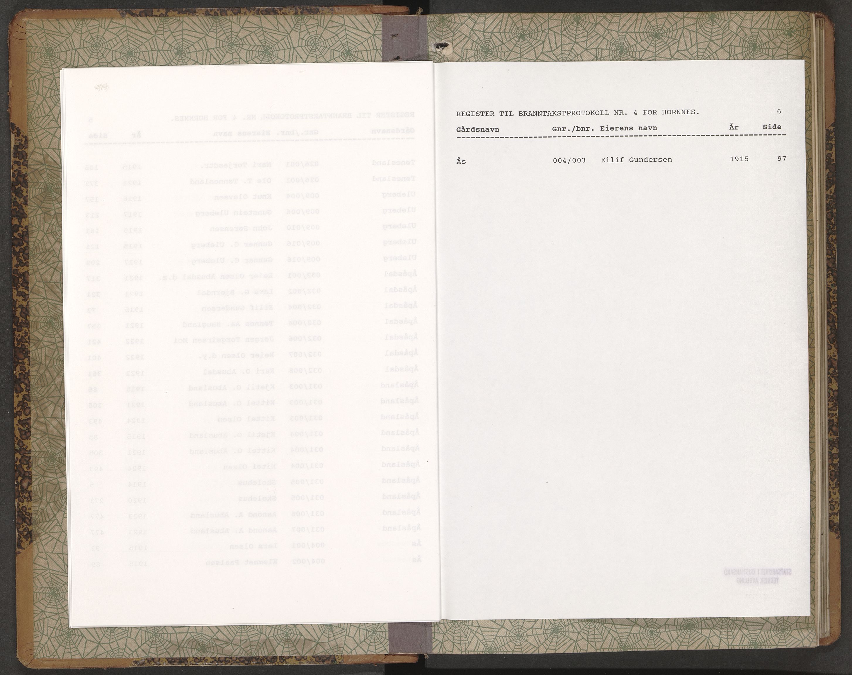 Norges Brannkasse Hornnes, AV/SAK-2241-0026/F/Fa/L0005: Branntakstprotokoll nr. 4 med gårdsnavnregister, 1914-1924