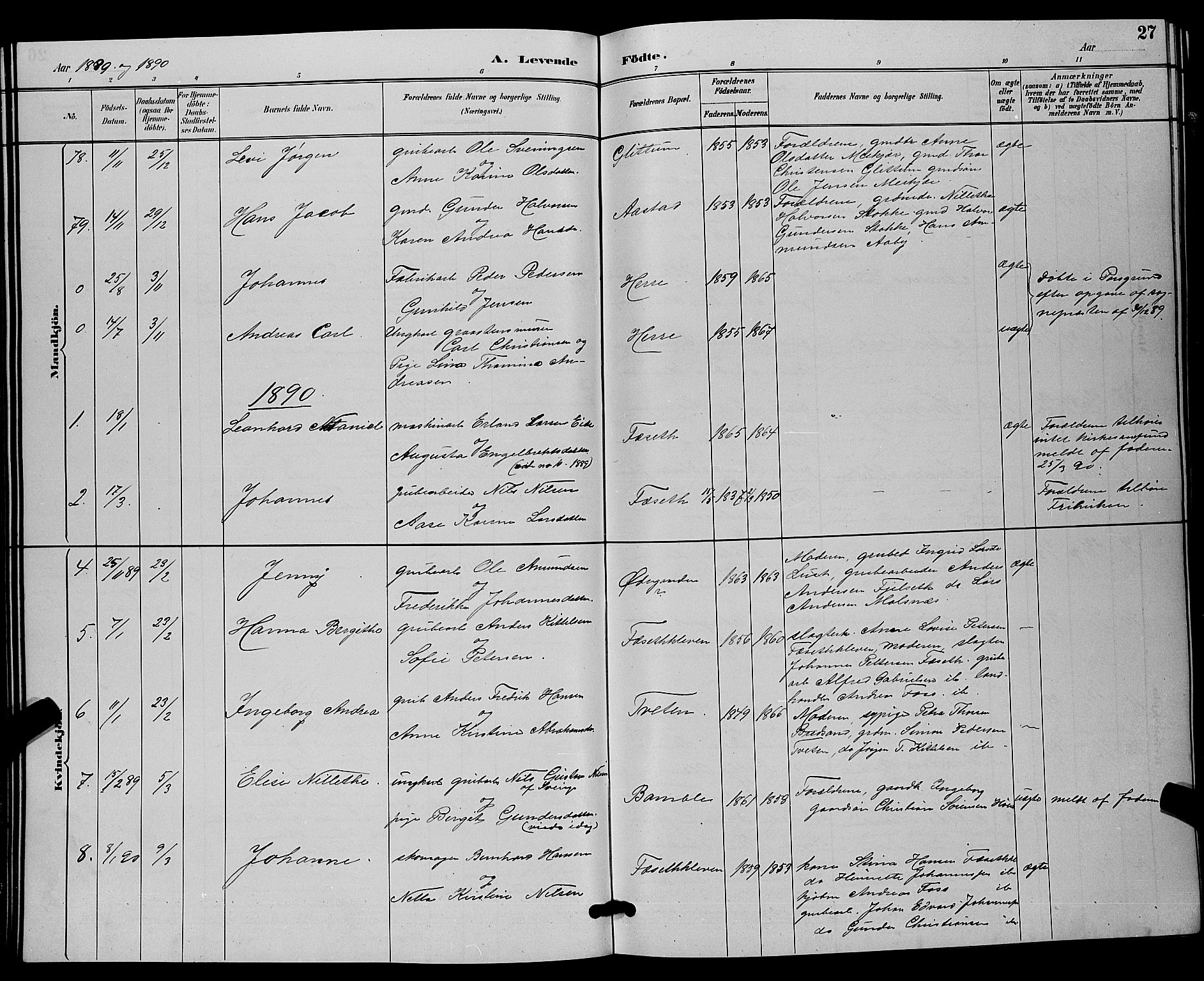 Bamble kirkebøker, SAKO/A-253/G/Ga/L0009: Parish register (copy) no. I 9, 1888-1900, p. 27
