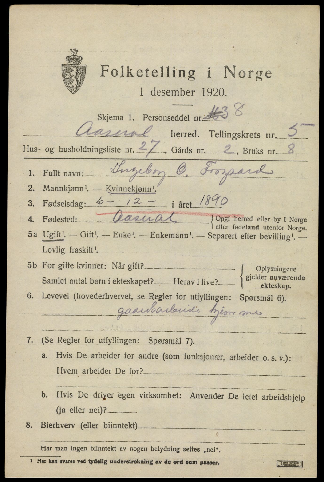SAK, 1920 census for Åseral, 1920, p. 1788