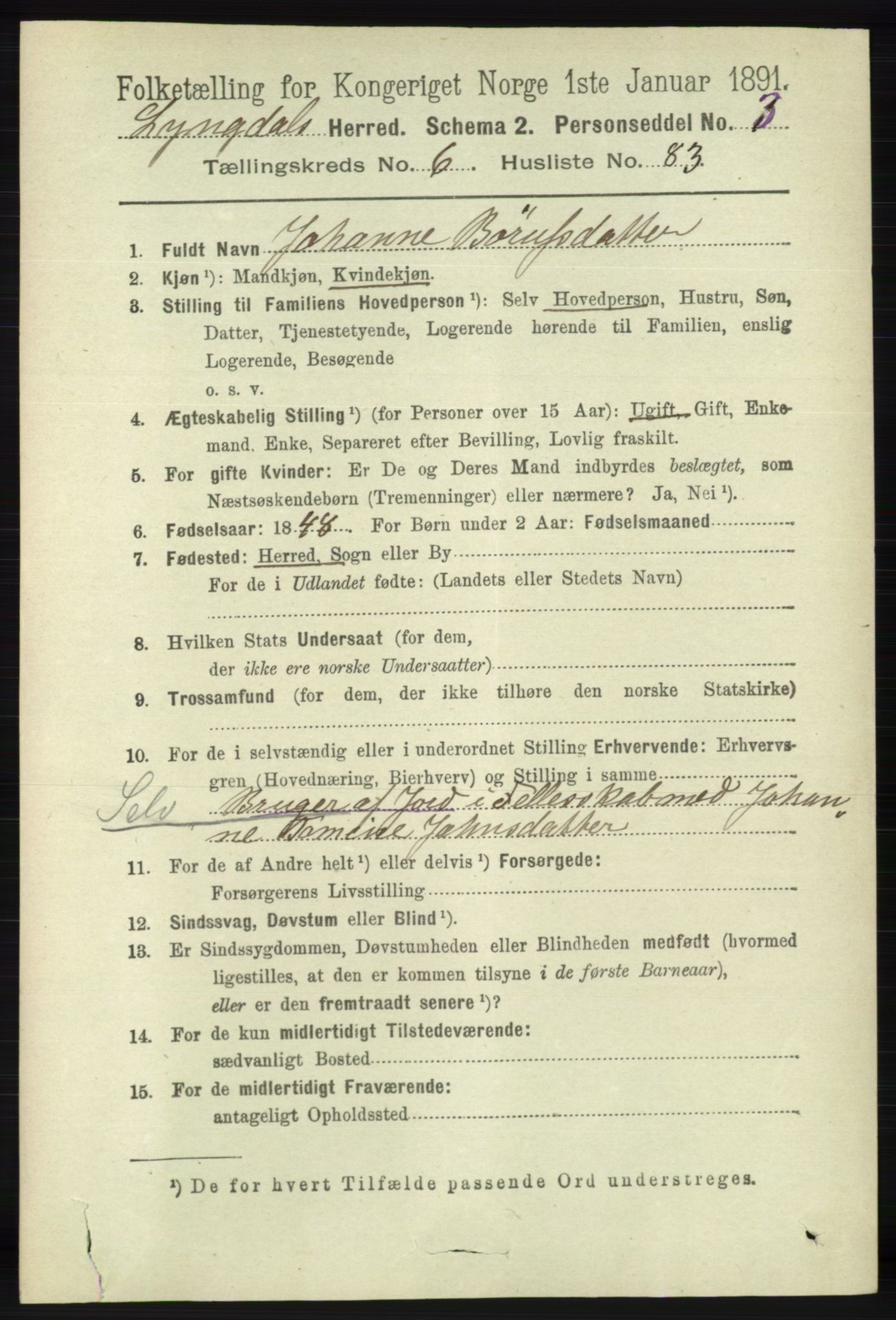 RA, 1891 census for 1032 Lyngdal, 1891, p. 2833