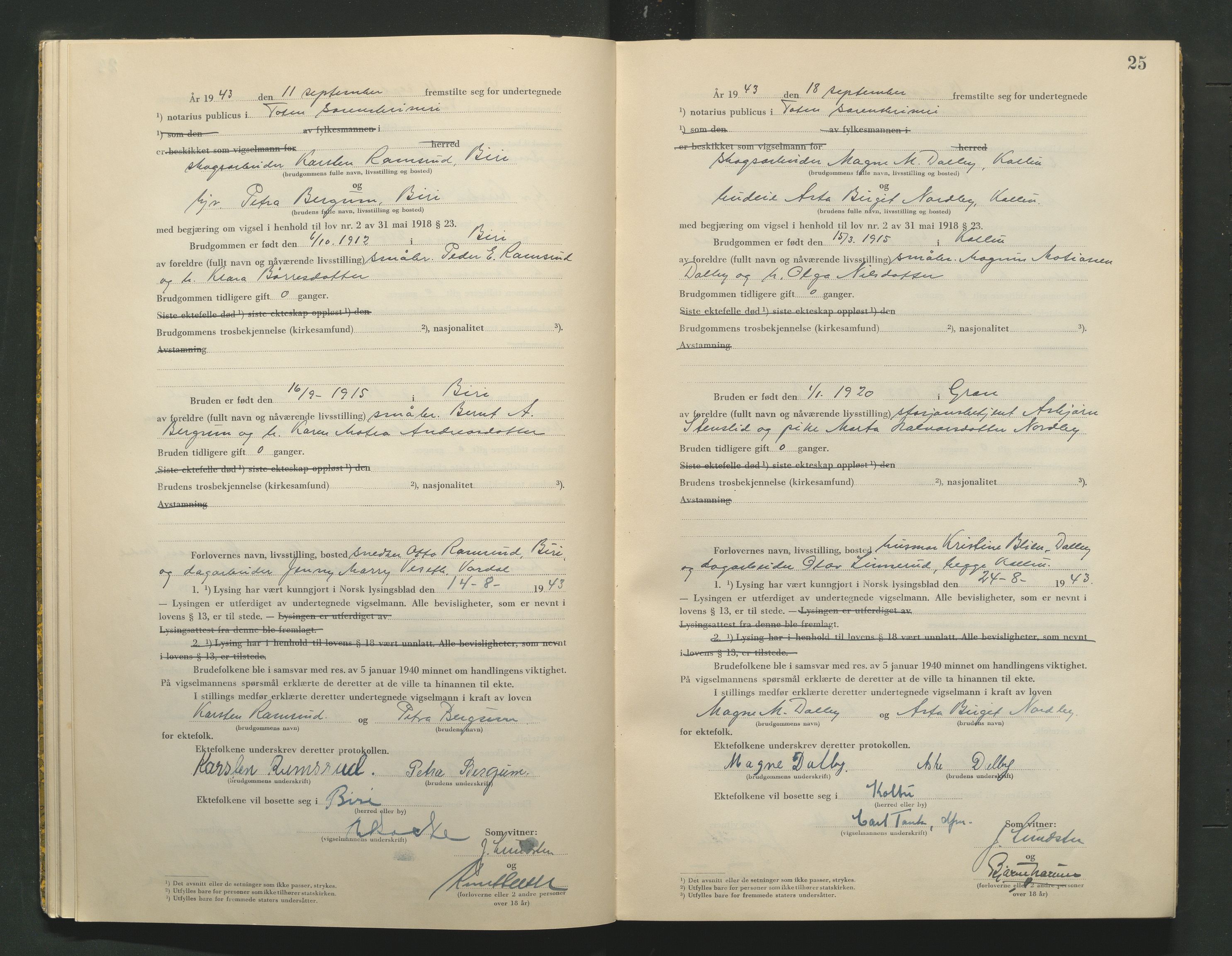 Toten tingrett, AV/SAH-TING-006/L/Lc/L0003: Vigselbok, 1943-1944, p. 25