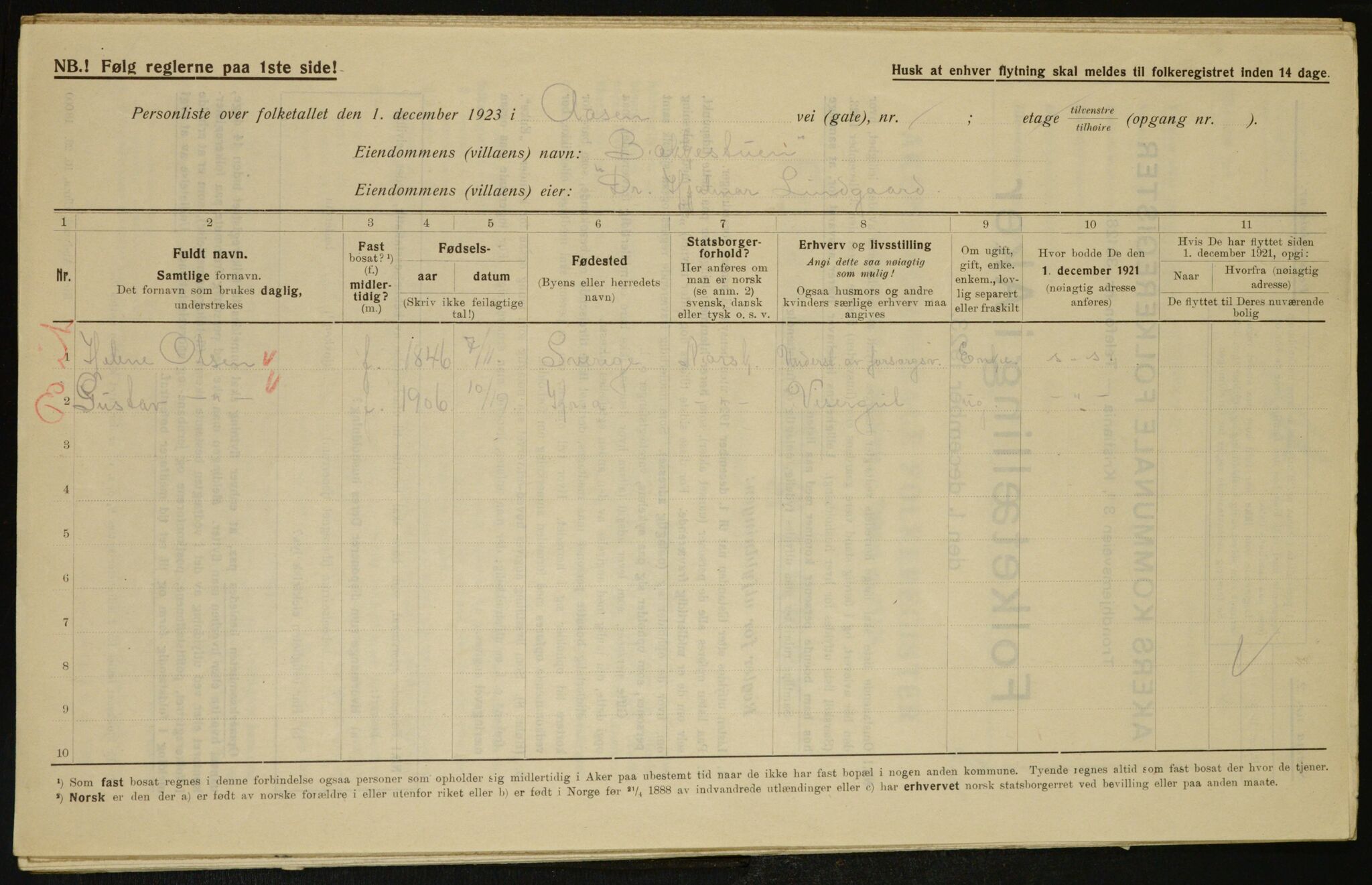 , Municipal Census 1923 for Aker, 1923, p. 7409