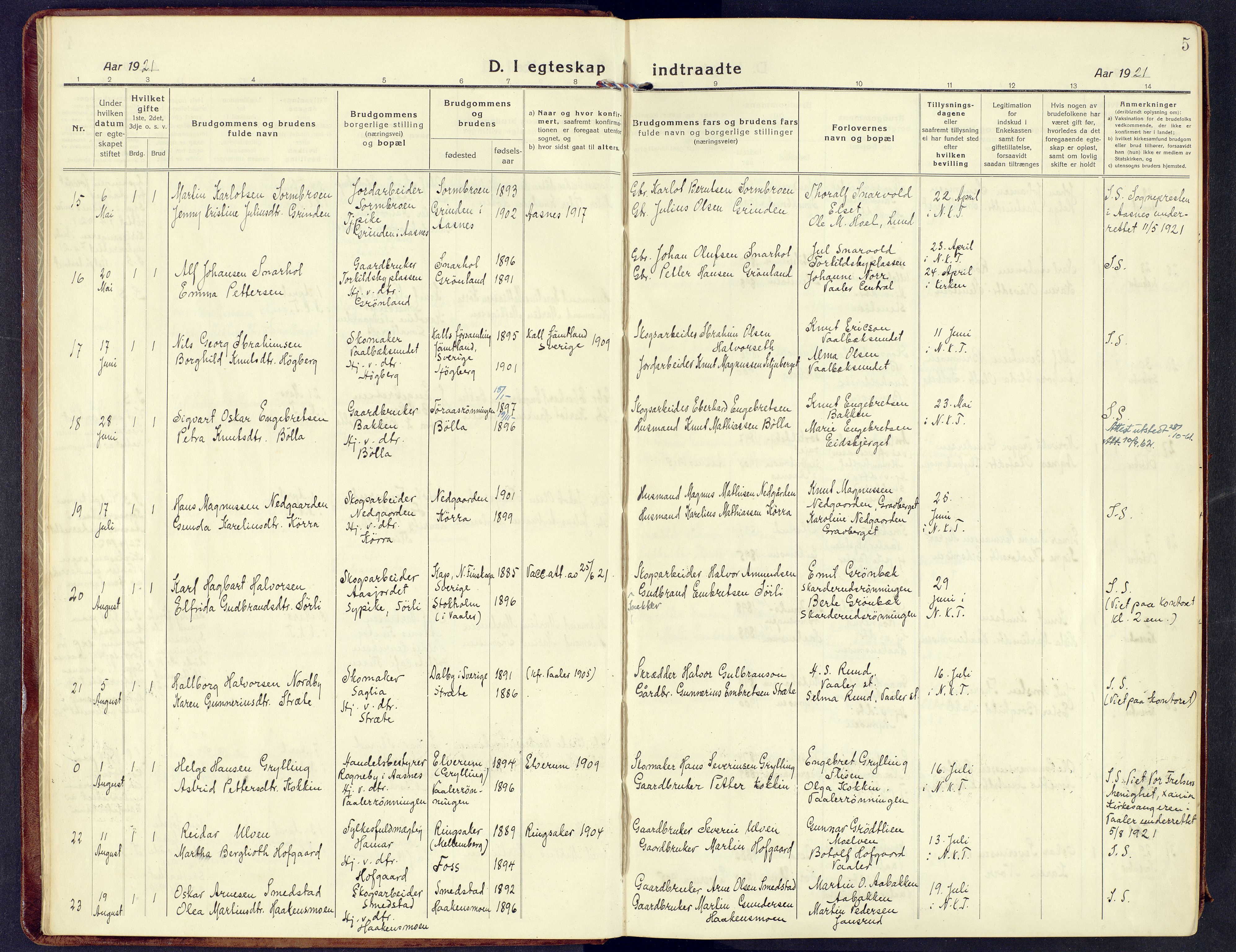 Våler prestekontor, Hedmark, AV/SAH-PREST-040/H/Ha/Haa/L0011: Parish register (official) no. 11, 1919-1933, p. 5