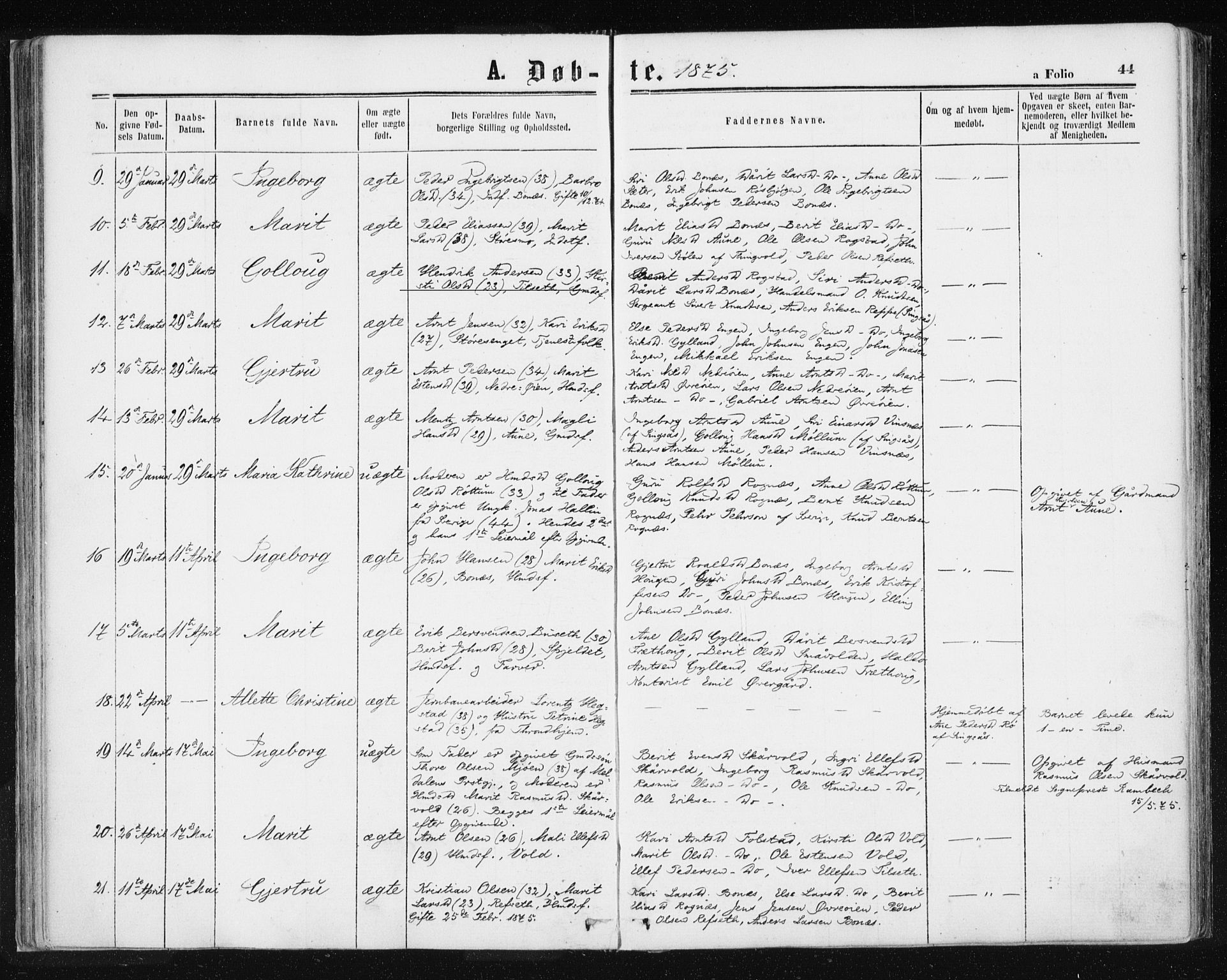 Ministerialprotokoller, klokkerbøker og fødselsregistre - Sør-Trøndelag, AV/SAT-A-1456/687/L1001: Parish register (official) no. 687A07, 1863-1878, p. 44