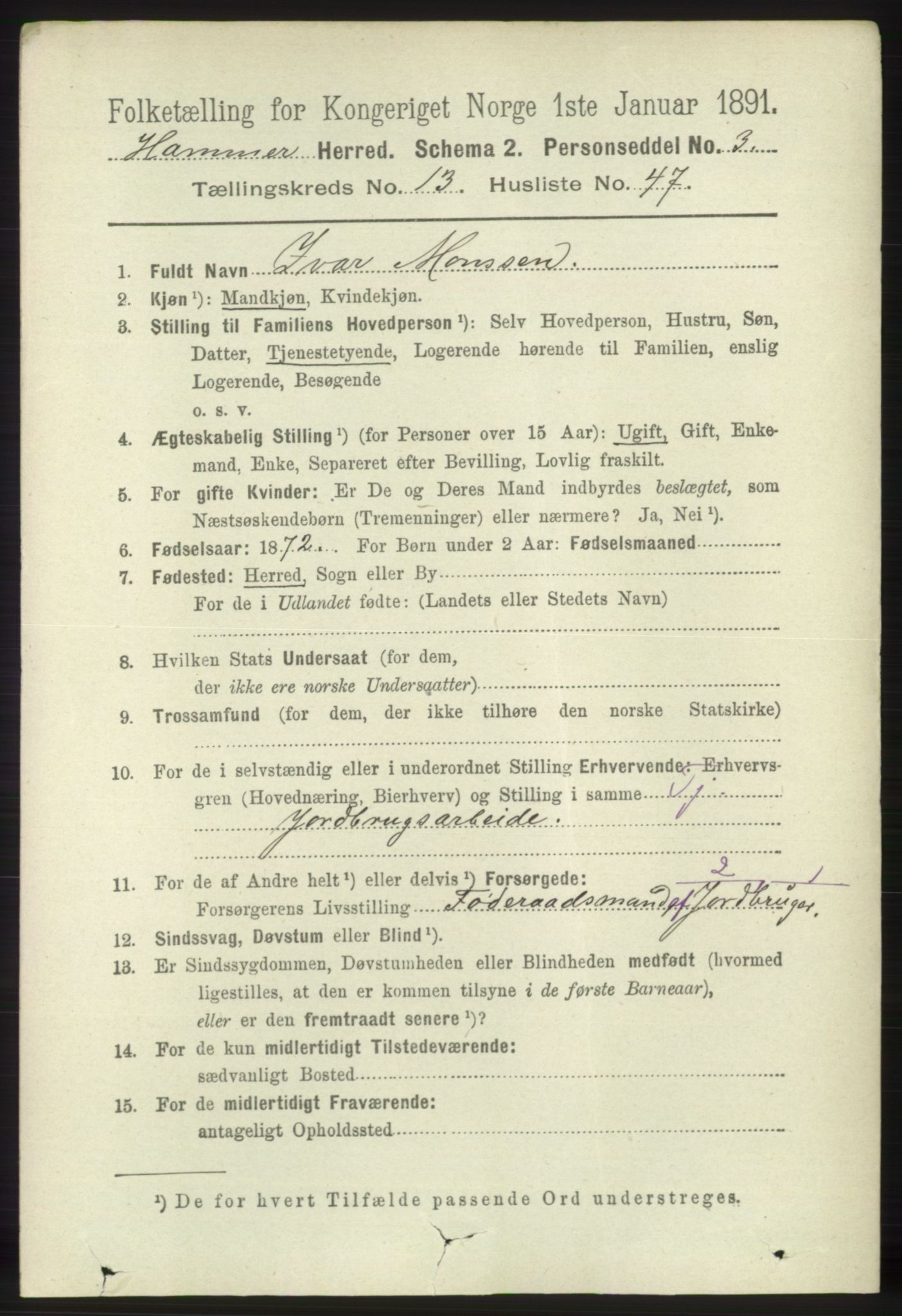 RA, 1891 census for 1254 Hamre, 1891, p. 4351