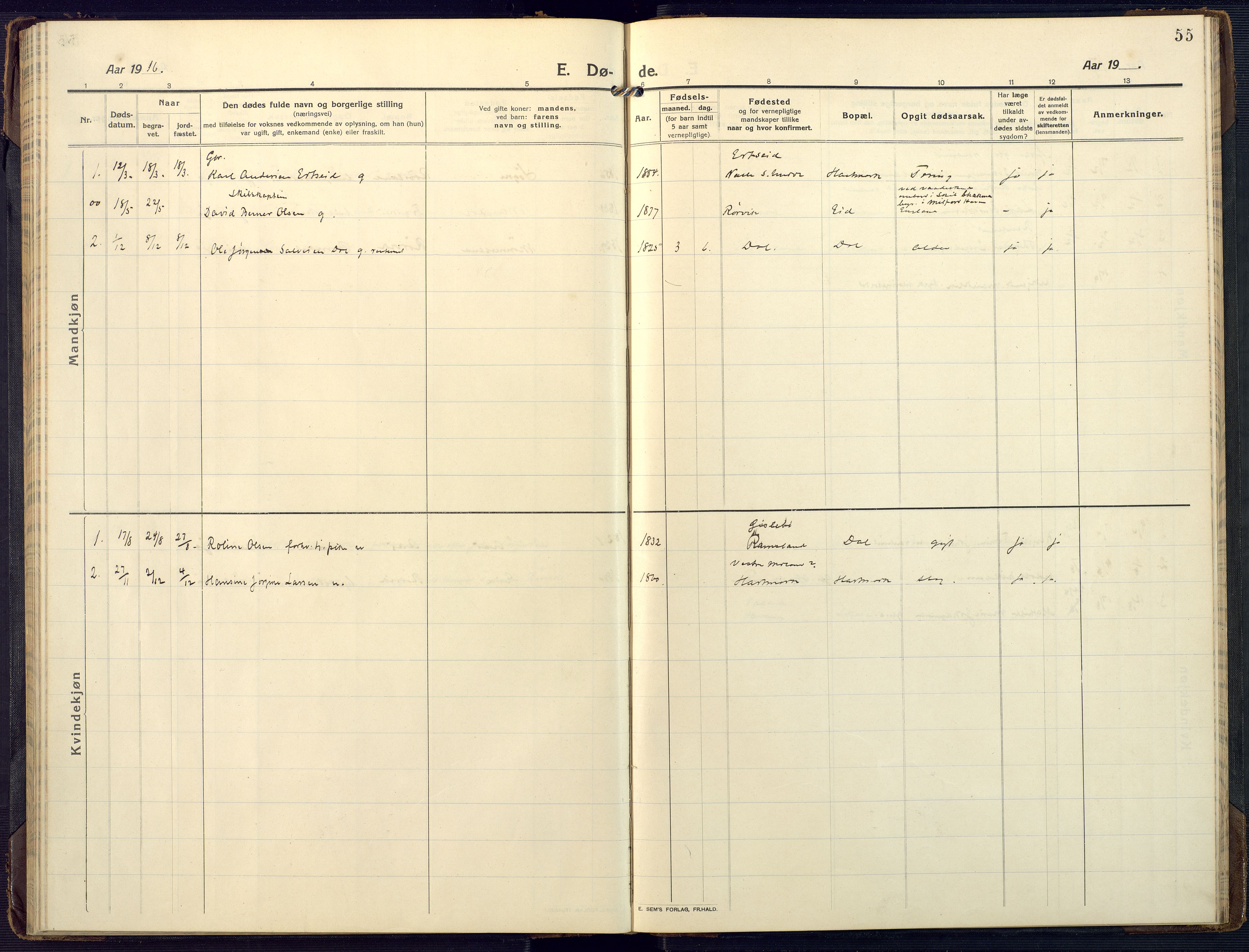 Mandal sokneprestkontor, SAK/1111-0030/F/Fa/Fab/L0003: Parish register (official) no. A 3, 1913-1933, p. 55