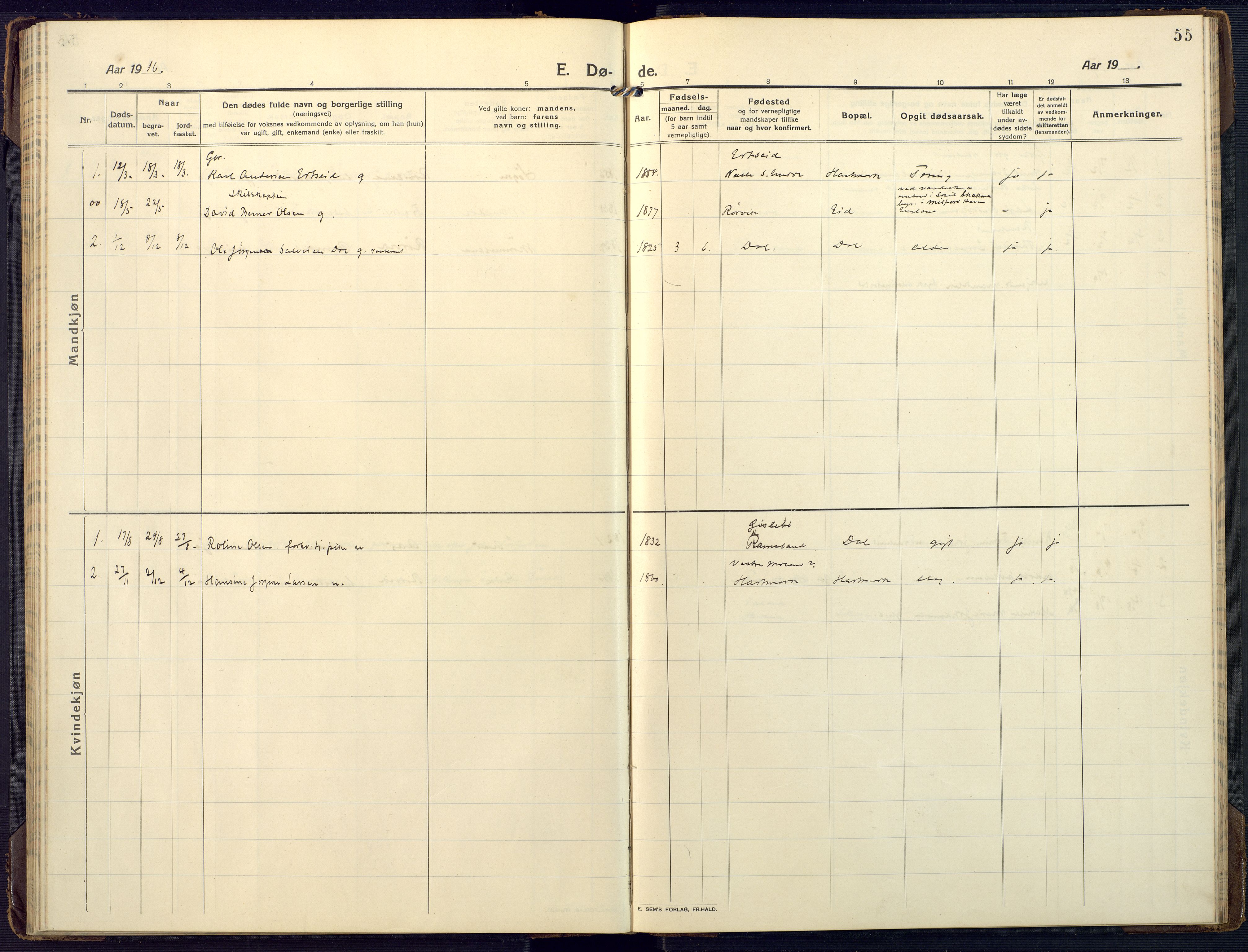 Mandal sokneprestkontor, AV/SAK-1111-0030/F/Fa/Fab/L0003: Parish register (official) no. A 3, 1913-1933, p. 55