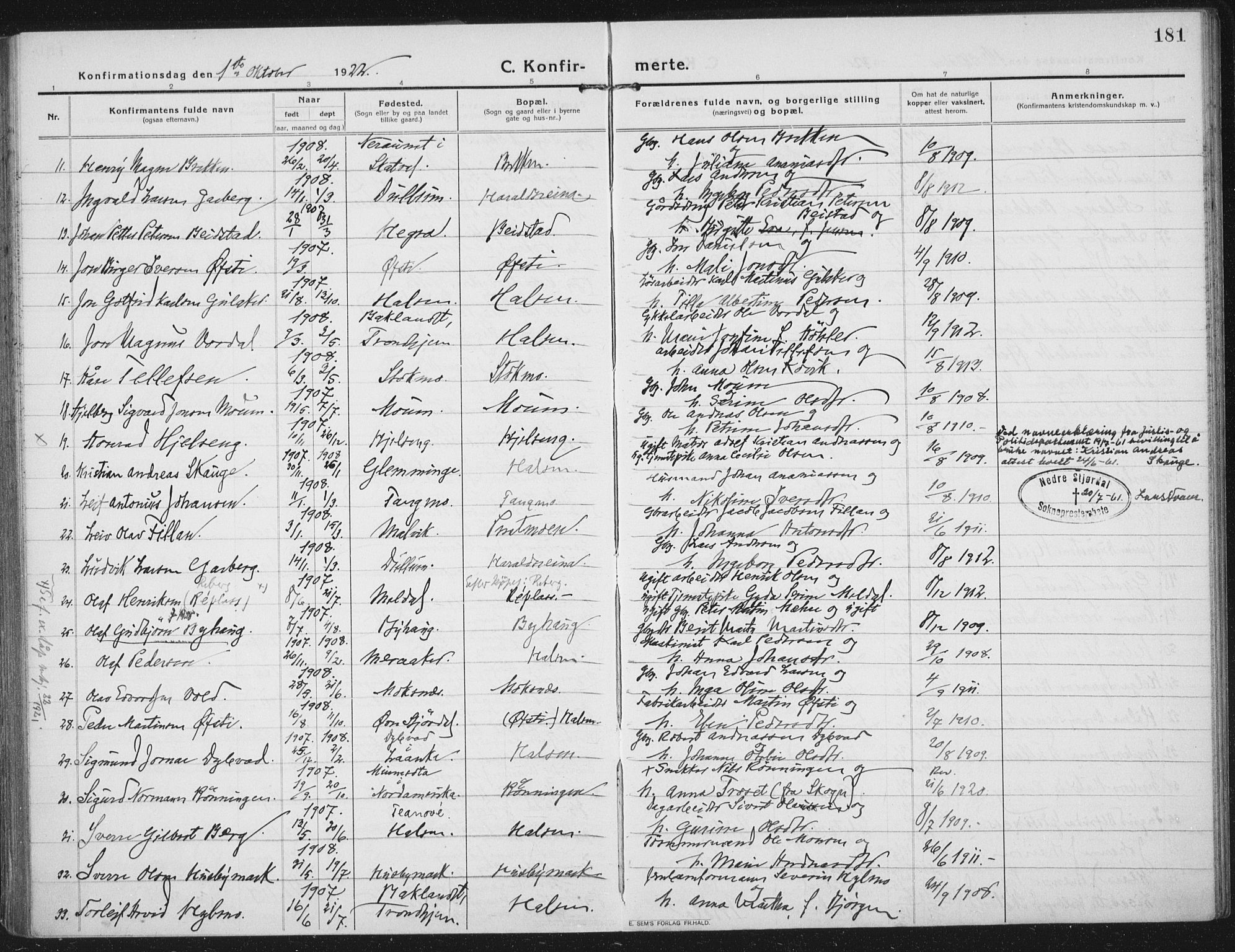 Ministerialprotokoller, klokkerbøker og fødselsregistre - Nord-Trøndelag, SAT/A-1458/709/L0083: Parish register (official) no. 709A23, 1916-1928, p. 181