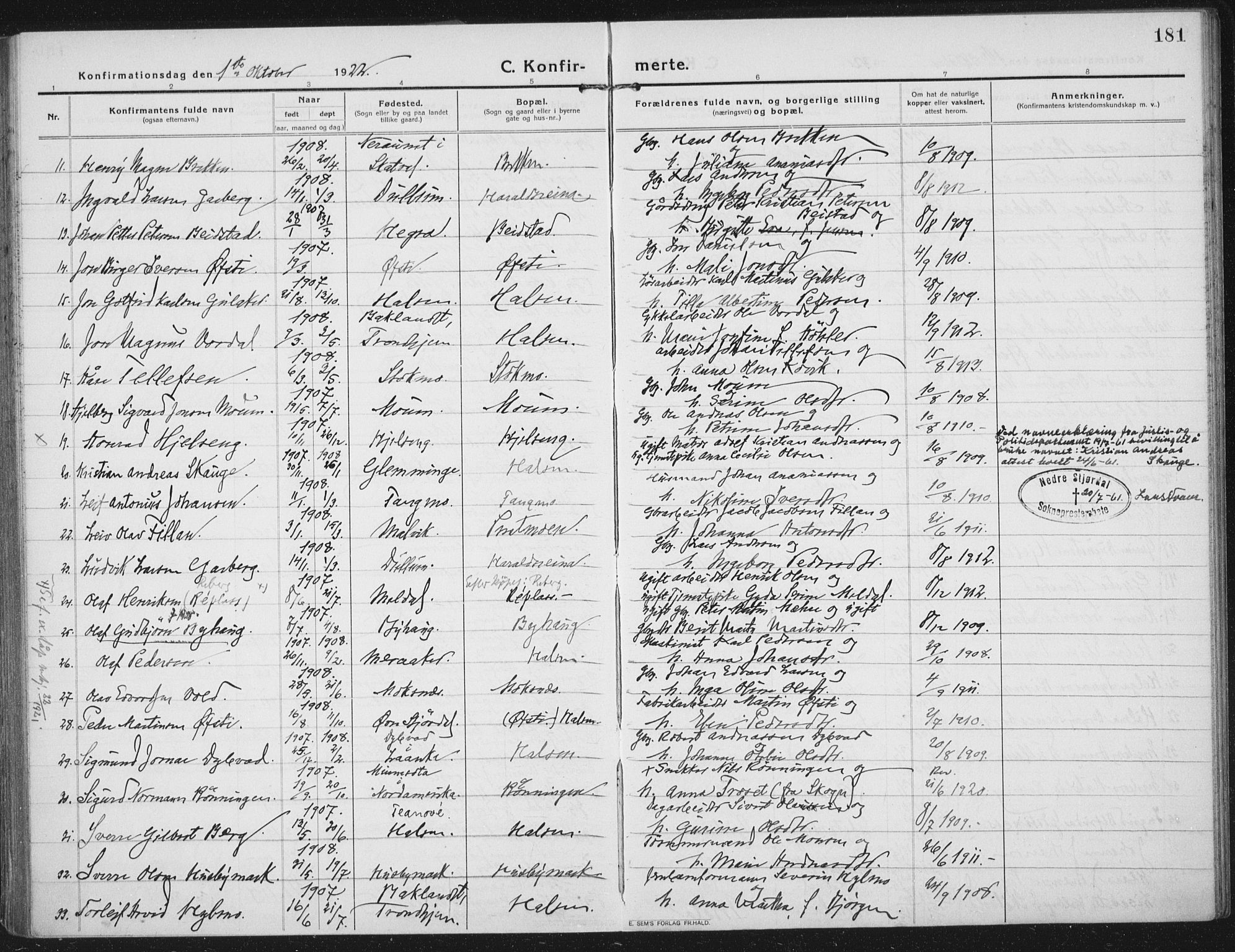 Ministerialprotokoller, klokkerbøker og fødselsregistre - Nord-Trøndelag, AV/SAT-A-1458/709/L0083: Parish register (official) no. 709A23, 1916-1928, p. 181