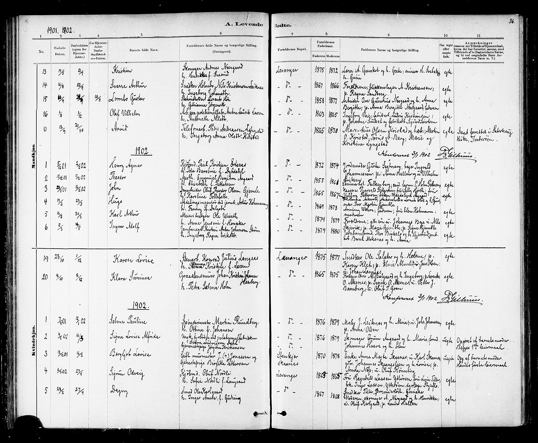 Ministerialprotokoller, klokkerbøker og fødselsregistre - Nord-Trøndelag, AV/SAT-A-1458/720/L0192: Parish register (copy) no. 720C01, 1880-1917, p. 36