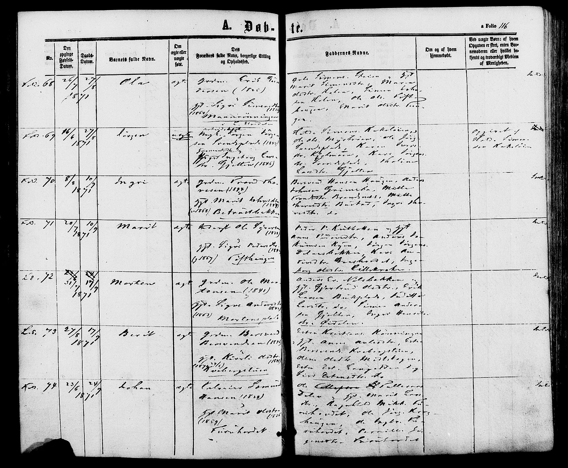 Alvdal prestekontor, SAH/PREST-060/H/Ha/Haa/L0001: Parish register (official) no. 1, 1863-1882, p. 116