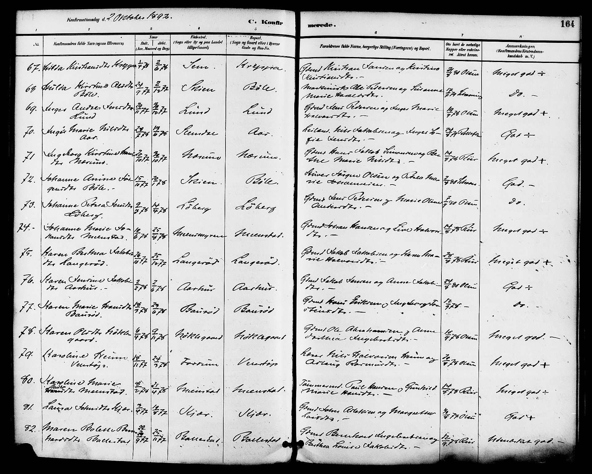Gjerpen kirkebøker, SAKO/A-265/F/Fa/L0010: Parish register (official) no. I 10, 1886-1895, p. 164