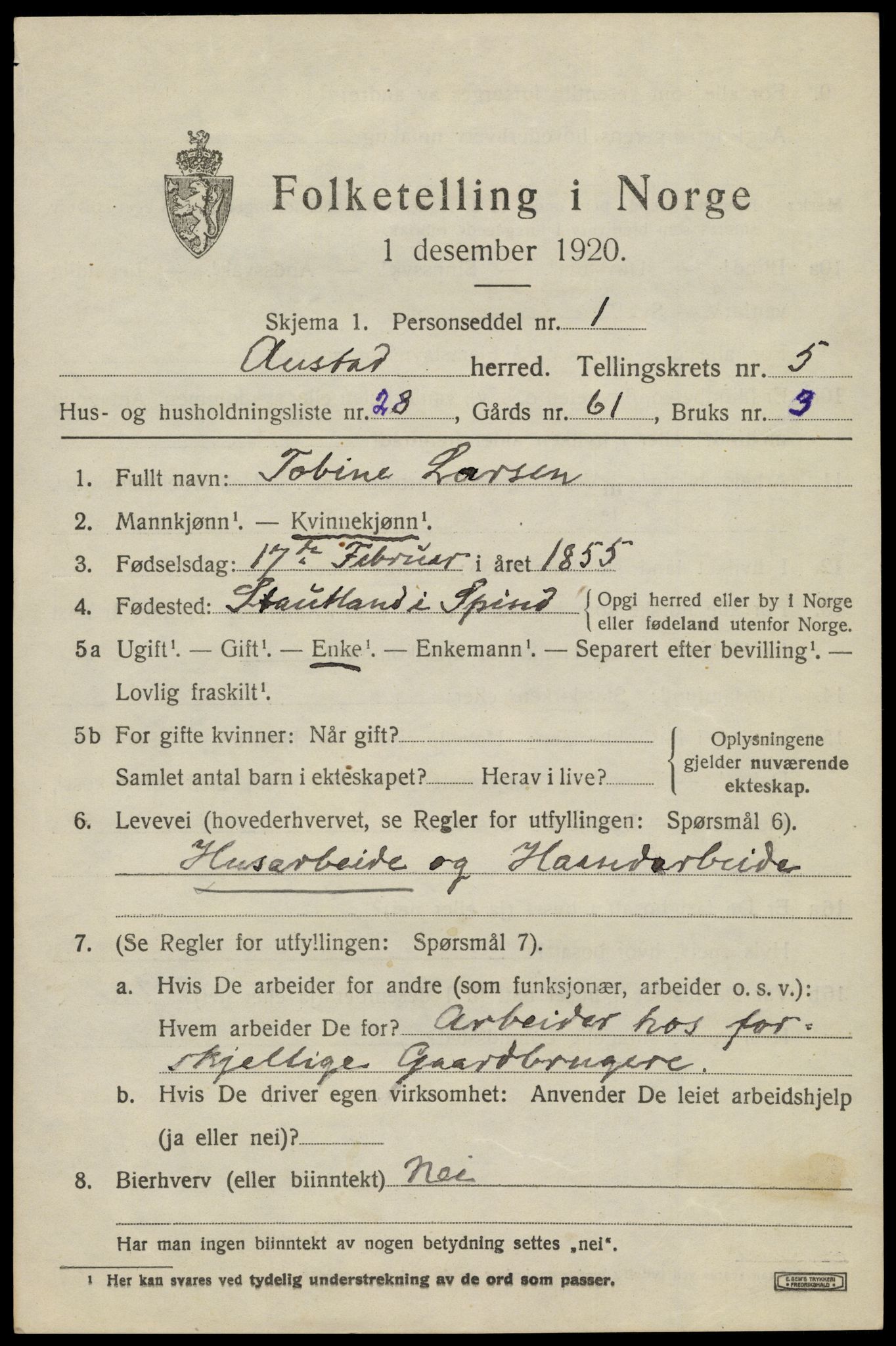 SAK, 1920 census for Austad, 1920, p. 1873