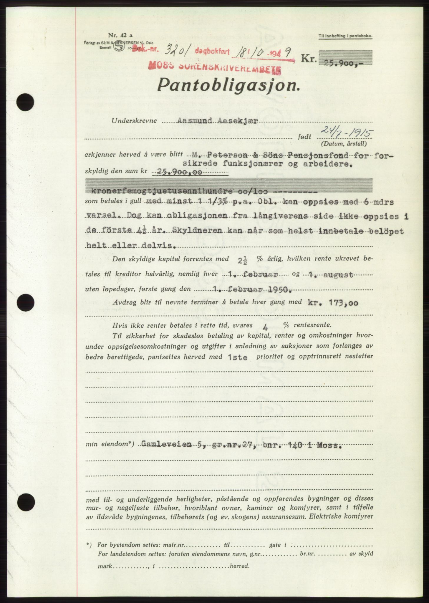 Moss sorenskriveri, SAO/A-10168: Mortgage book no. B23, 1949-1950, Diary no: : 3201/1949
