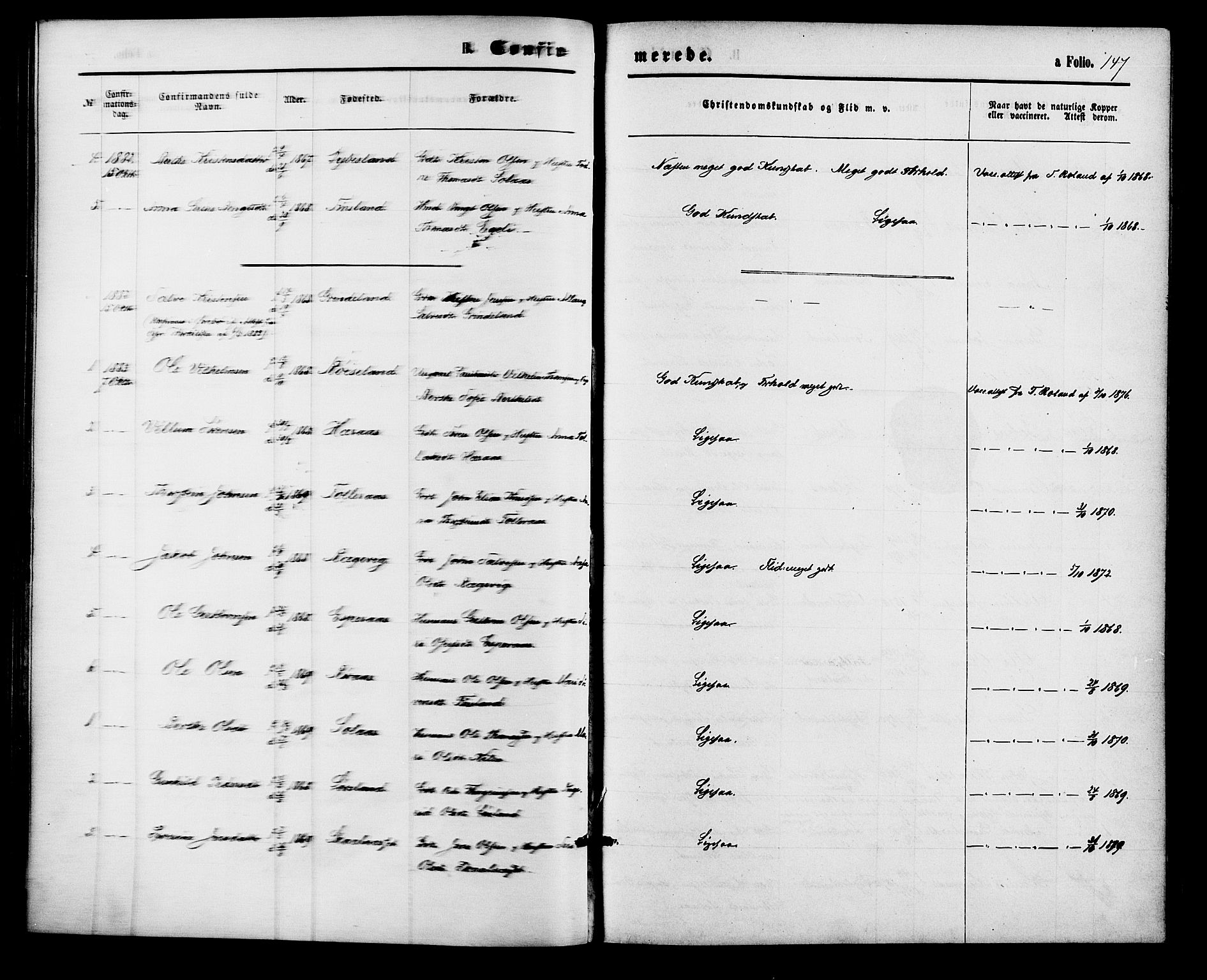Bjelland sokneprestkontor, SAK/1111-0005/F/Fa/Fab/L0003: Parish register (official) no. A 3, 1870-1887, p. 147