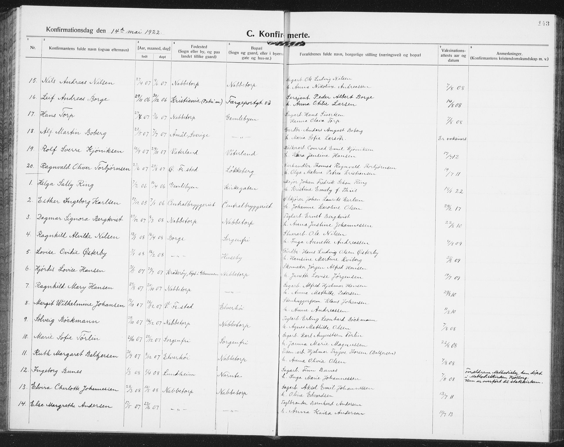 Østre Fredrikstad prestekontor Kirkebøker, SAO/A-10907/G/Ga/L0003: Parish register (copy) no. 3, 1920-1940, p. 143