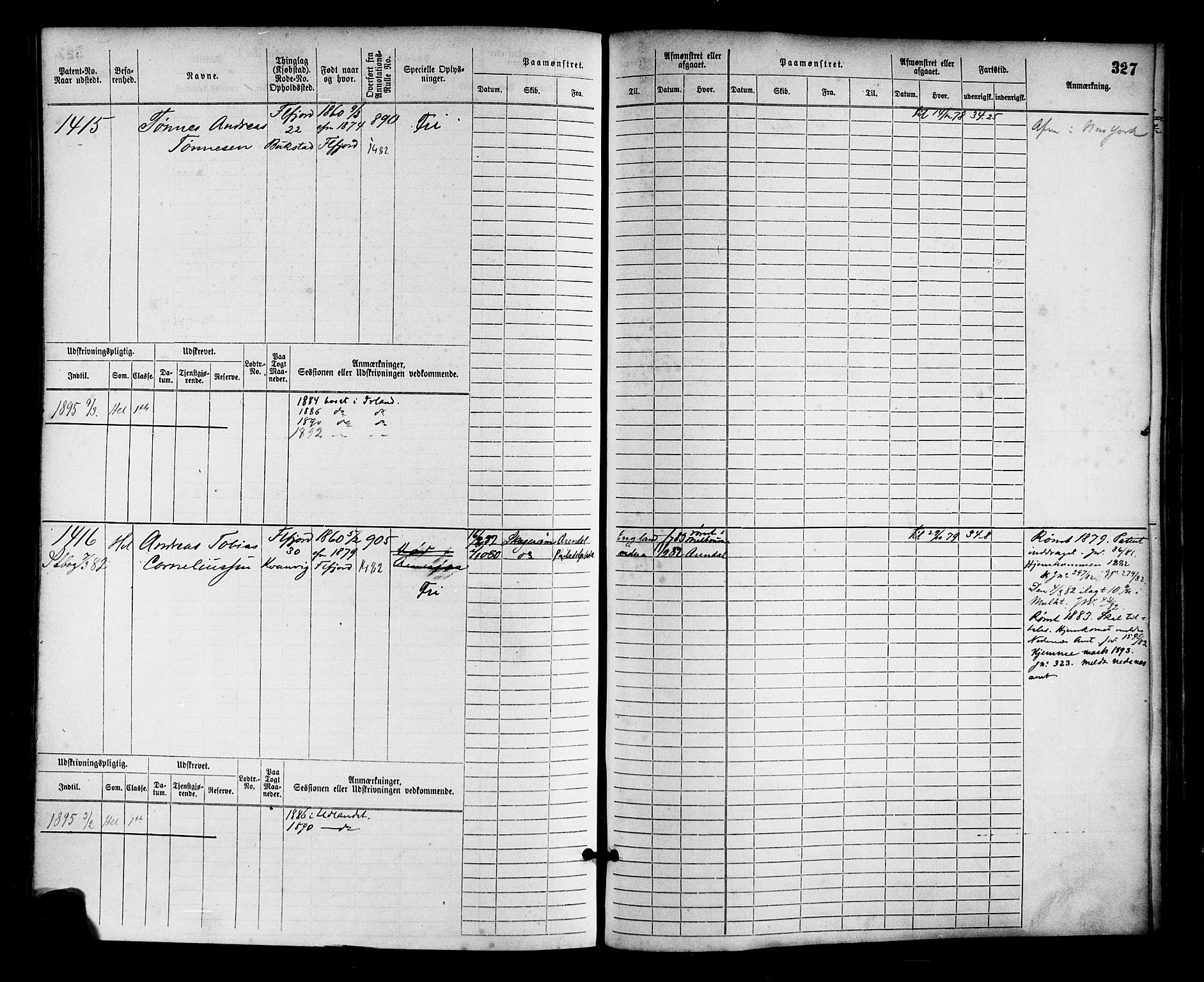 Flekkefjord mønstringskrets, SAK/2031-0018/F/Fb/L0002: Hovedrulle nr 765-1514, N-5, 1868-1900, p. 332