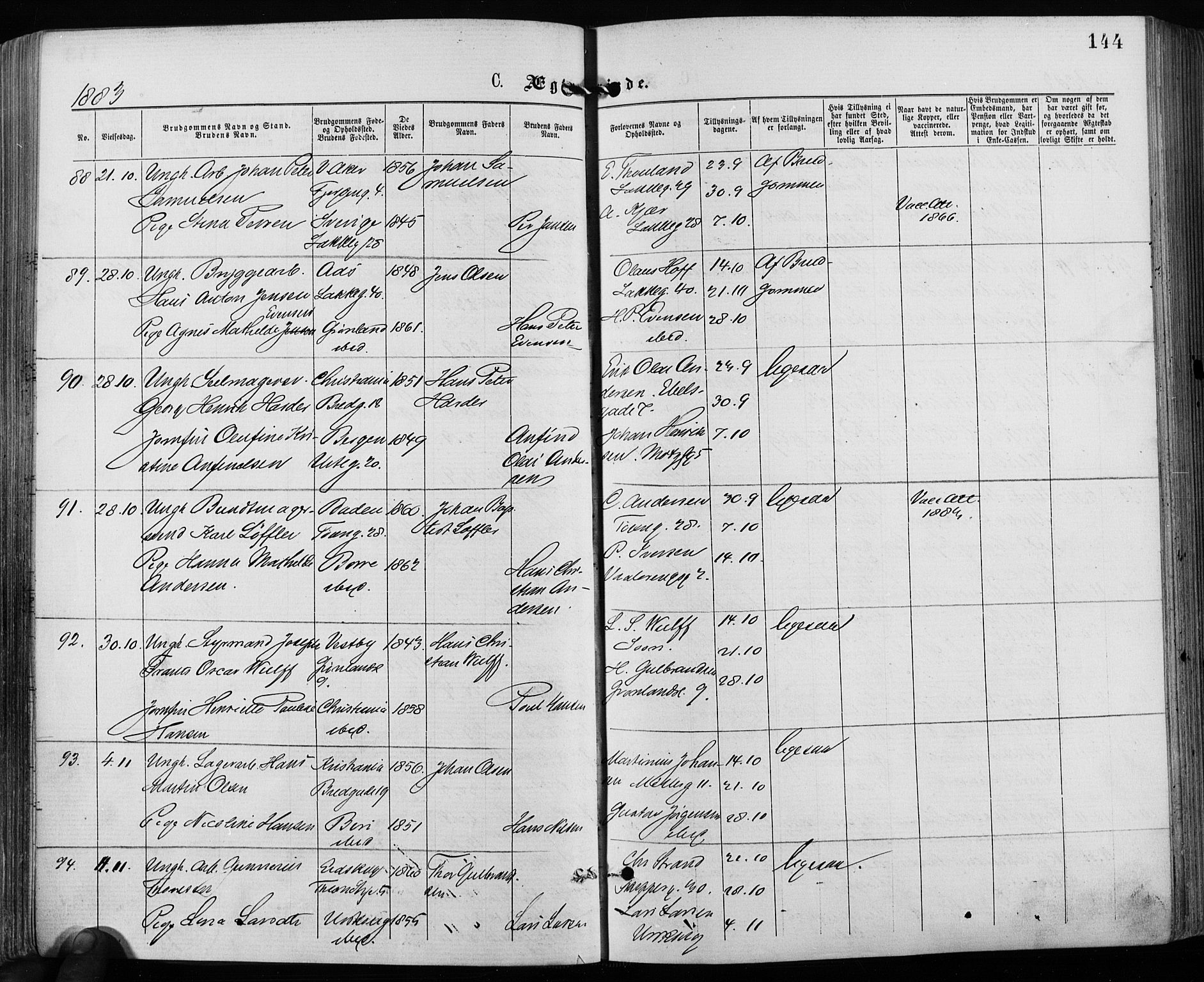 Grønland prestekontor Kirkebøker, AV/SAO-A-10848/F/Fa/L0006: Parish register (official) no. 6, 1877-1886, p. 144