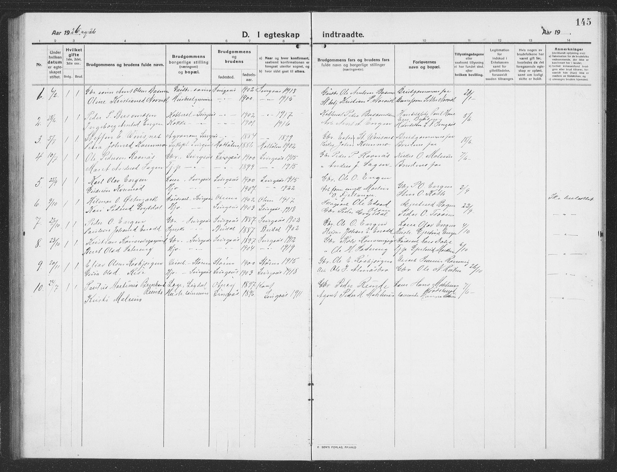 Ministerialprotokoller, klokkerbøker og fødselsregistre - Sør-Trøndelag, SAT/A-1456/688/L1030: Parish register (copy) no. 688C05, 1916-1939, p. 145