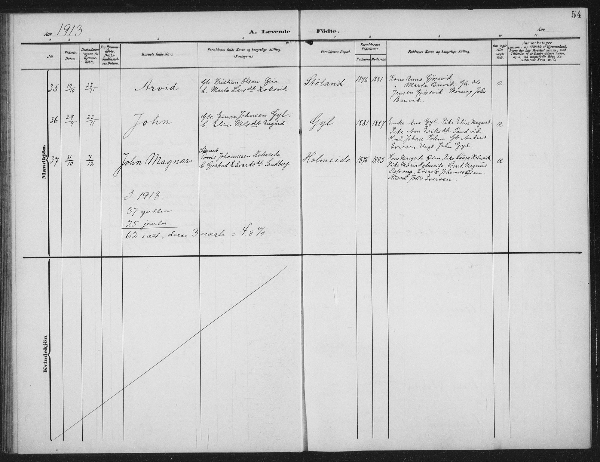 Ministerialprotokoller, klokkerbøker og fødselsregistre - Møre og Romsdal, AV/SAT-A-1454/586/L0989: Parish register (official) no. 586A15, 1906-1915, p. 54