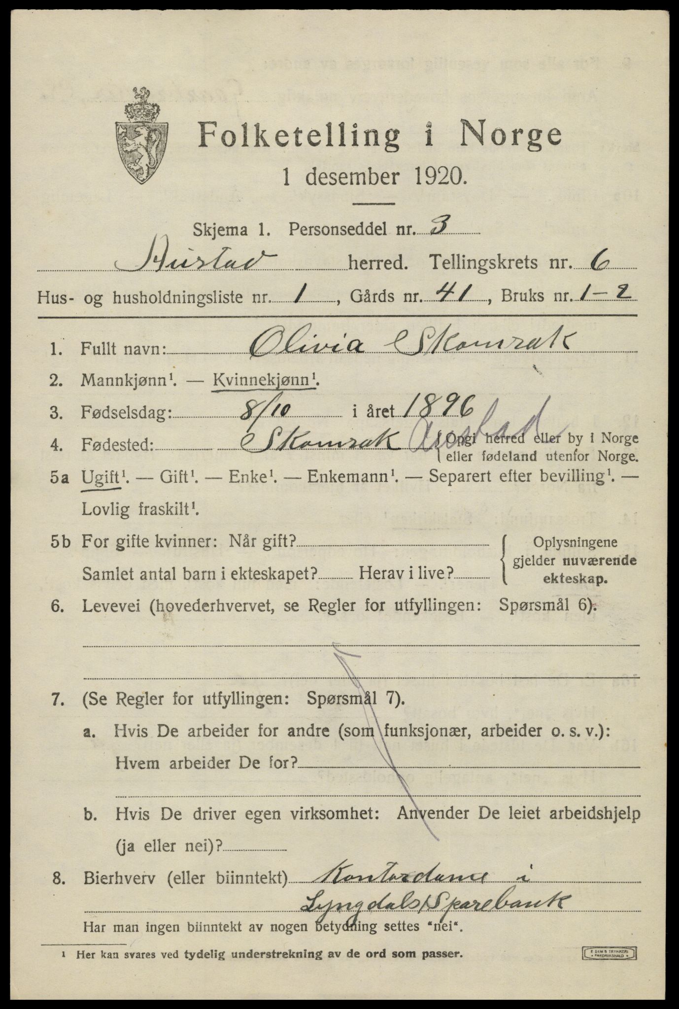 SAK, 1920 census for Austad, 1920, p. 1879