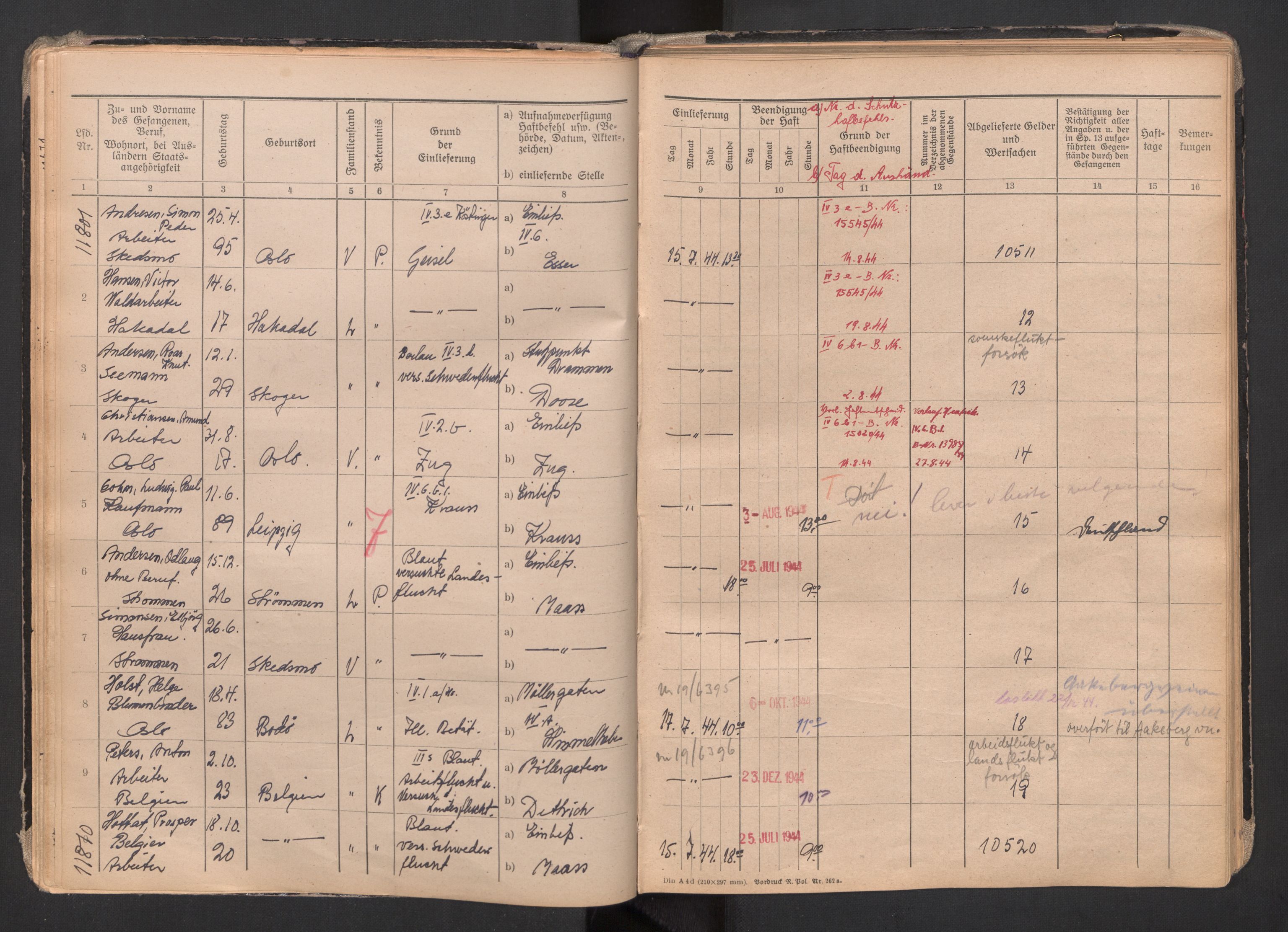 Befehlshaber der Sicherheitspolizei und des SD, AV/RA-RAFA-5969/F/Fa/Faa/L0007: Fangeprotokoll. - Gefangenen-Buch B. Fangenr. 11481-12000 og 13061-13930., 1944