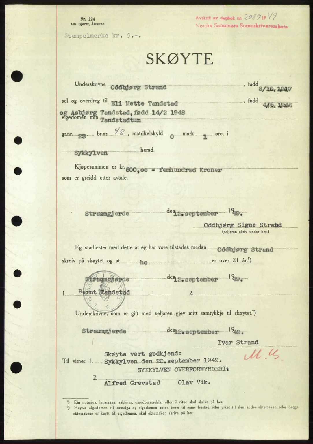 Nordre Sunnmøre sorenskriveri, AV/SAT-A-0006/1/2/2C/2Ca: Mortgage book no. A32, 1949-1949, Diary no: : 2088/1949