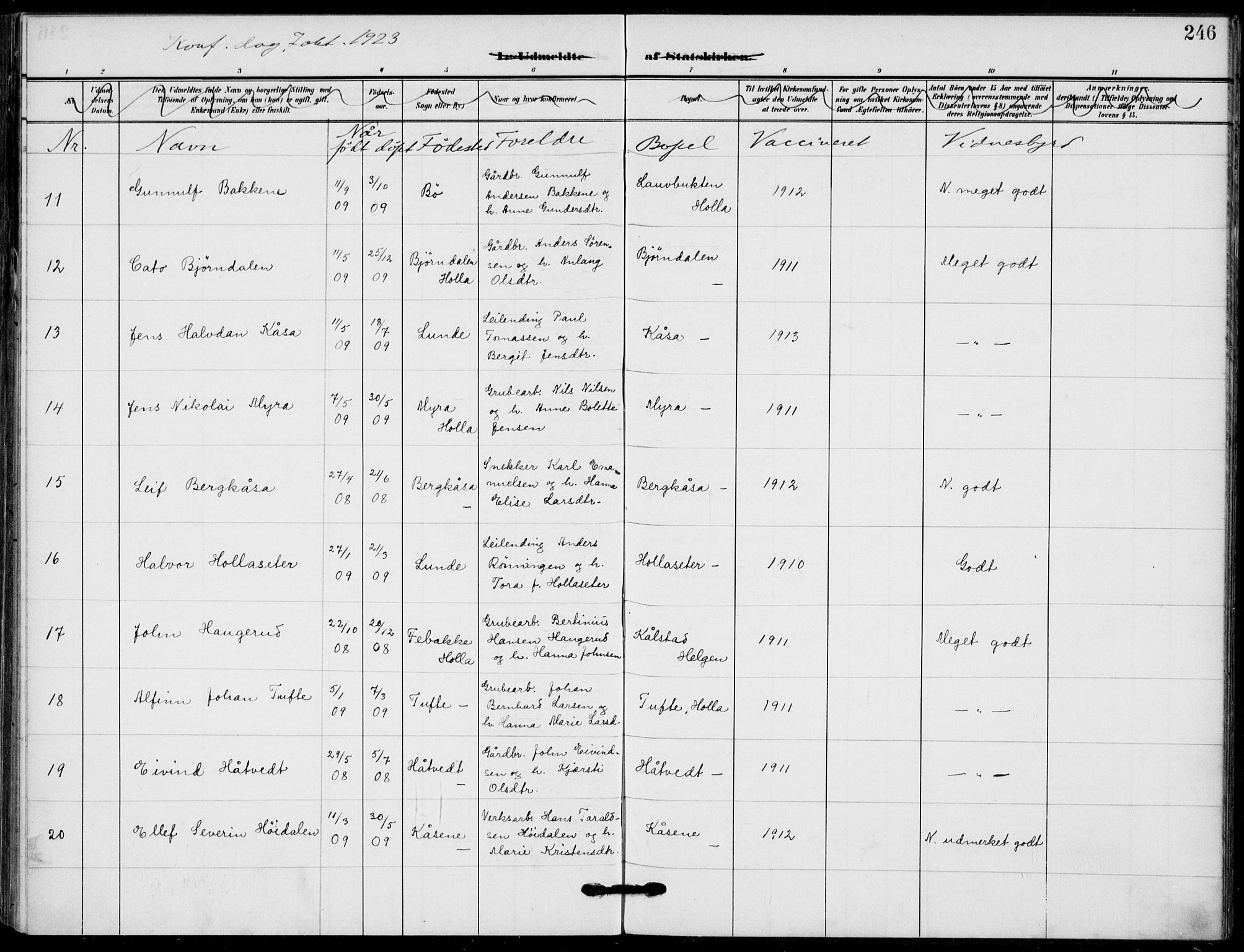 Holla kirkebøker, AV/SAKO-A-272/F/Fa/L0012: Parish register (official) no. 12, 1907-1923, p. 246