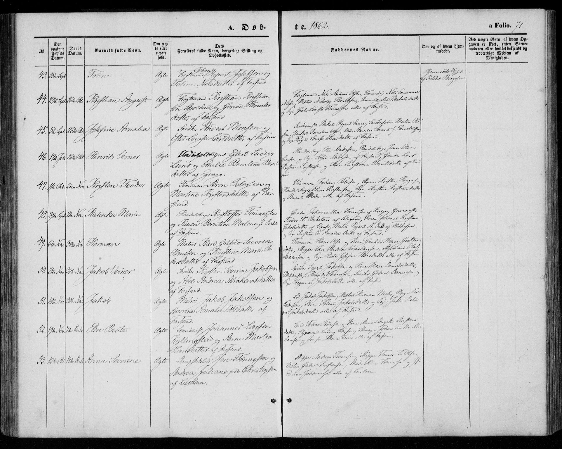 Farsund sokneprestkontor, SAK/1111-0009/F/Fa/L0004: Parish register (official) no. A 4, 1847-1863, p. 71