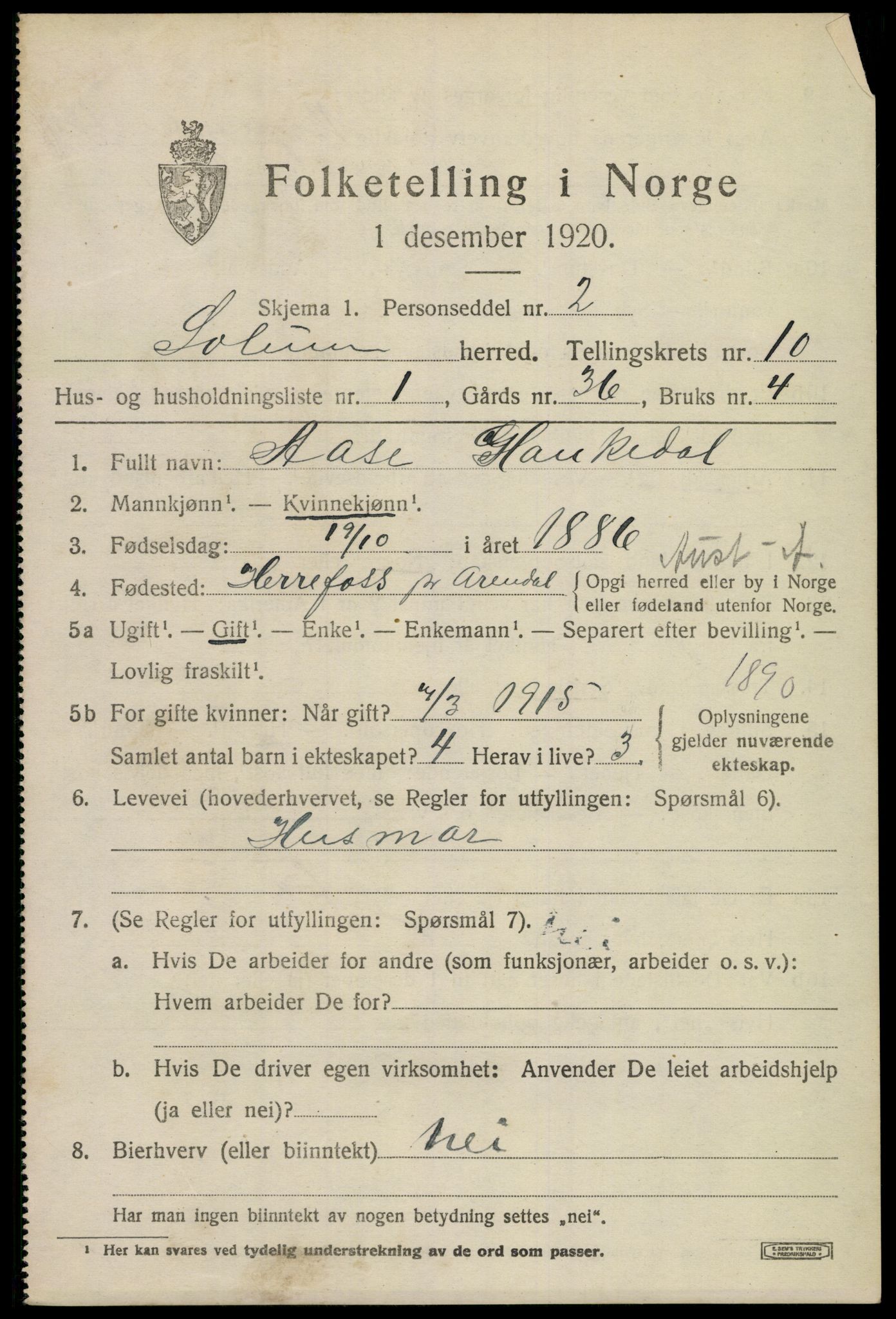 SAKO, 1920 census for Solum, 1920, p. 15338