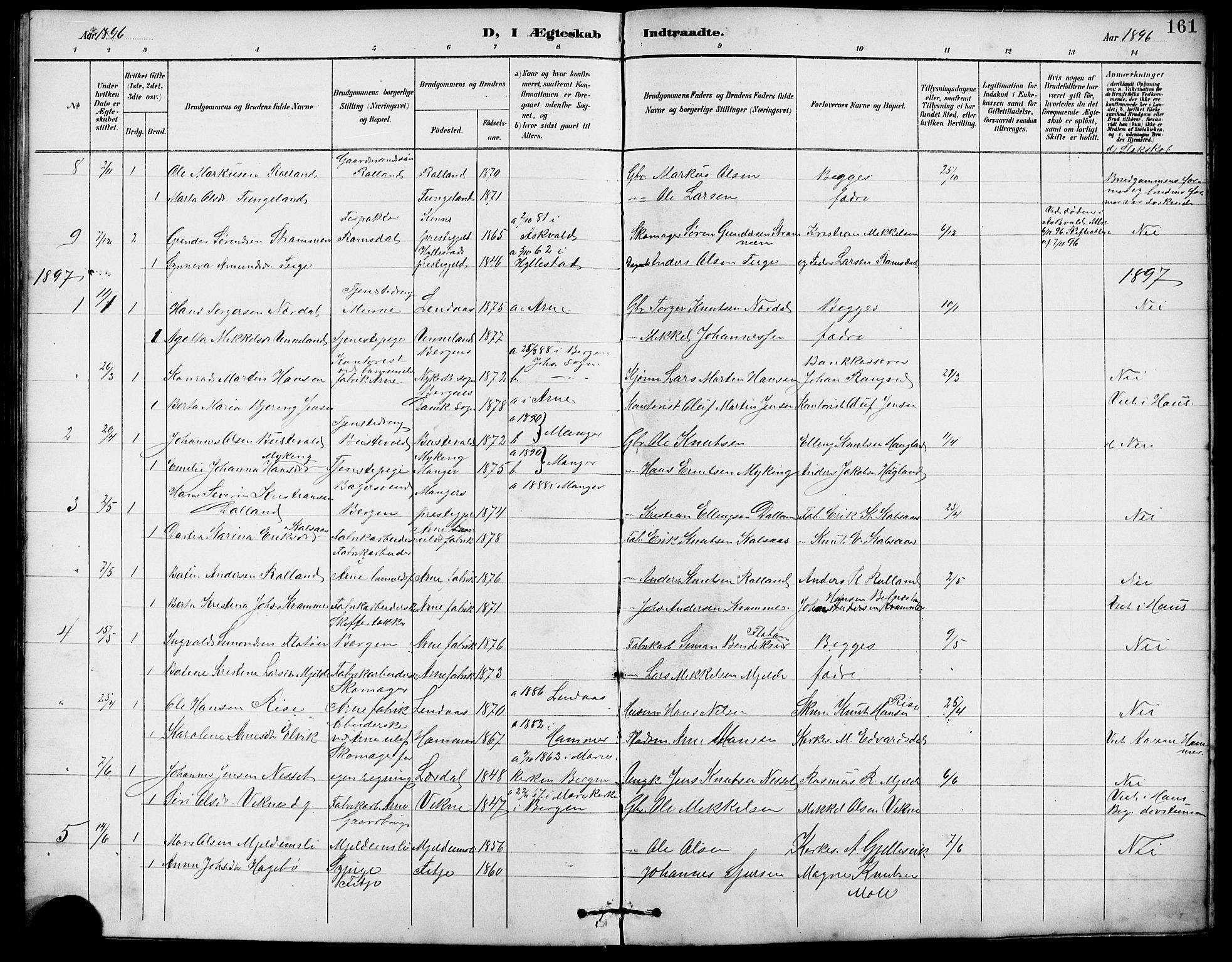 Arna Sokneprestembete, SAB/A-74001/H/Ha/Hab: Parish register (copy) no. A 3, 1887-1897, p. 161