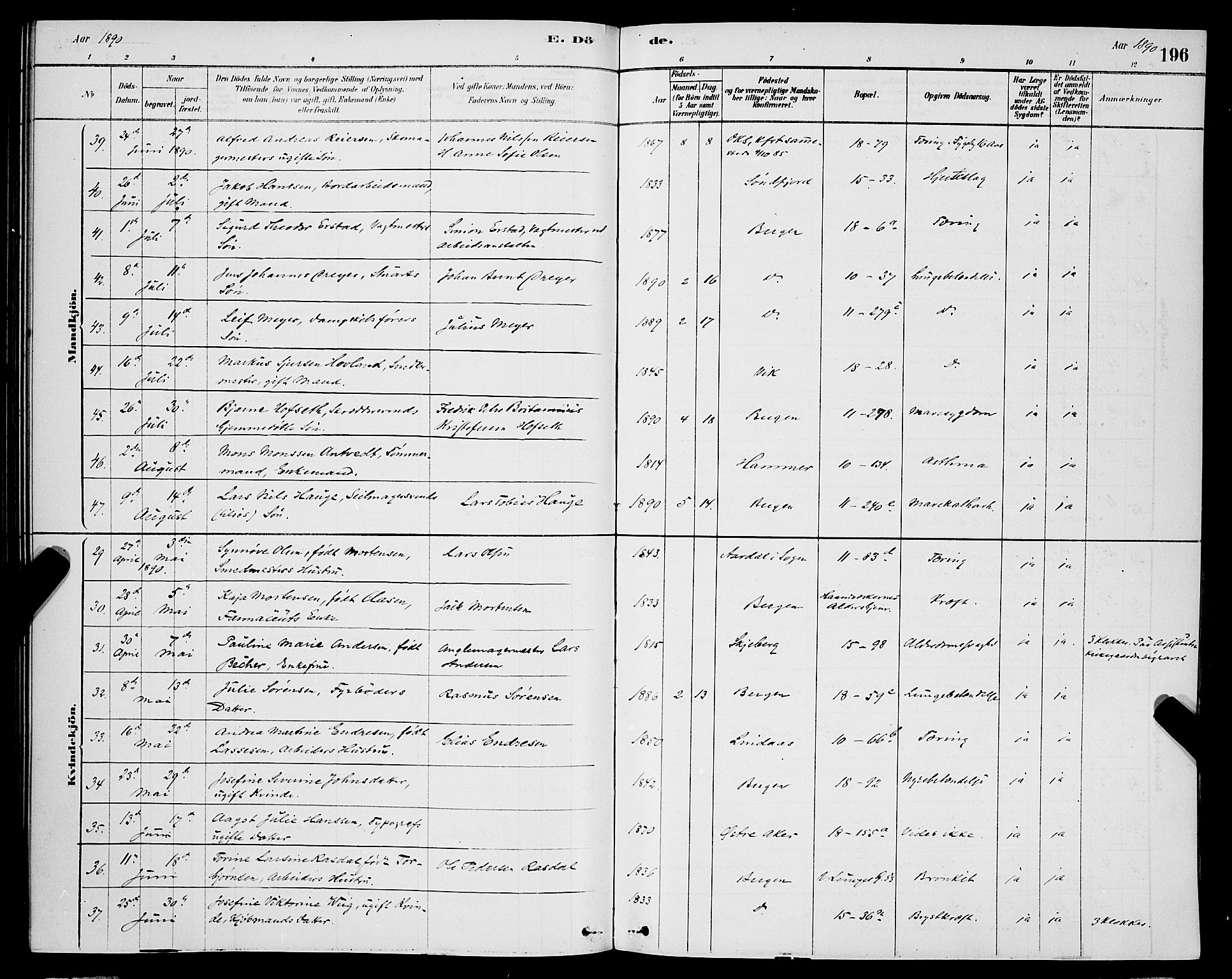 Domkirken sokneprestembete, AV/SAB-A-74801/H/Hab/L0041: Parish register (copy) no. E 5, 1878-1900, p. 196