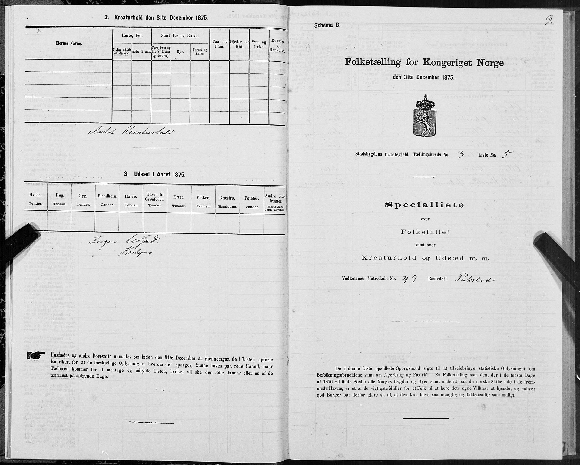 SAT, 1875 census for 1625P Stadsbygd, 1875, p. 2009