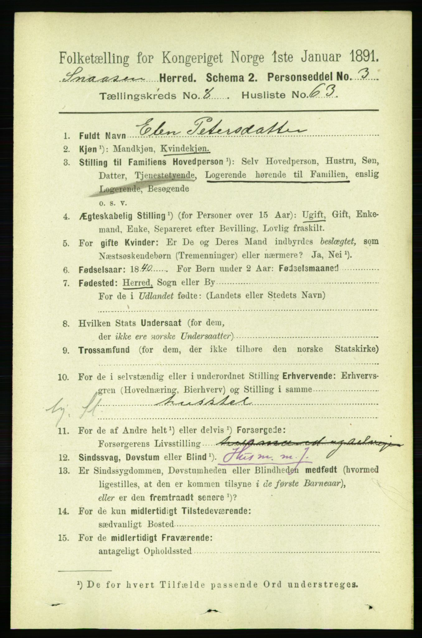 RA, 1891 census for 1736 Snåsa, 1891, p. 3059