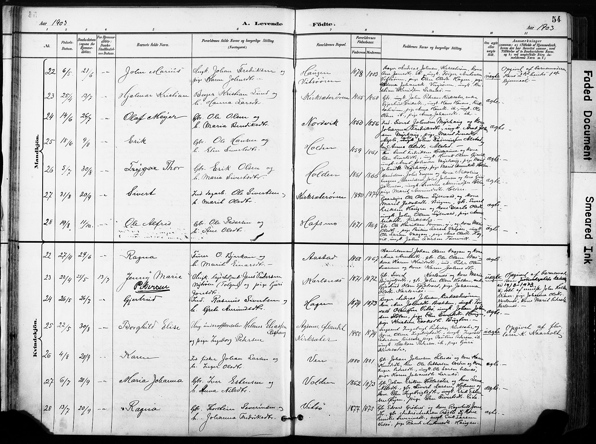 Ministerialprotokoller, klokkerbøker og fødselsregistre - Sør-Trøndelag, AV/SAT-A-1456/630/L0497: Parish register (official) no. 630A10, 1896-1910, p. 54