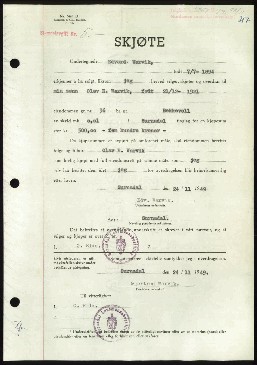 Nordmøre sorenskriveri, AV/SAT-A-4132/1/2/2Ca: Mortgage book no. A113, 1949-1950, Diary no: : 3367/1949