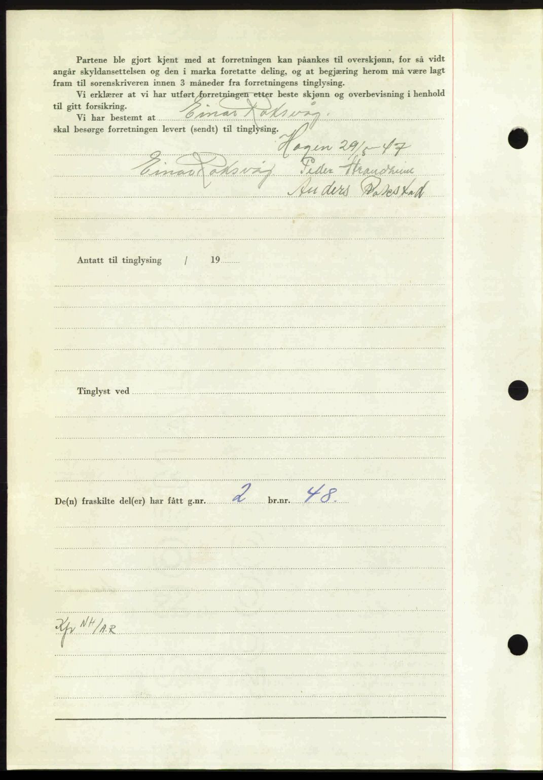 Nordmøre sorenskriveri, AV/SAT-A-4132/1/2/2Ca: Mortgage book no. A105, 1947-1947, Diary no: : 1221/1947